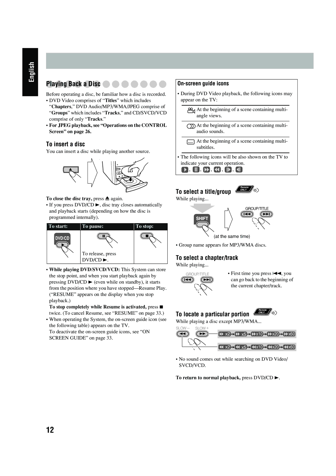 JVC FS-P550 manual Playing Back a Disc, To insert a disc, To select a chapter/track, On-screen guide icons 