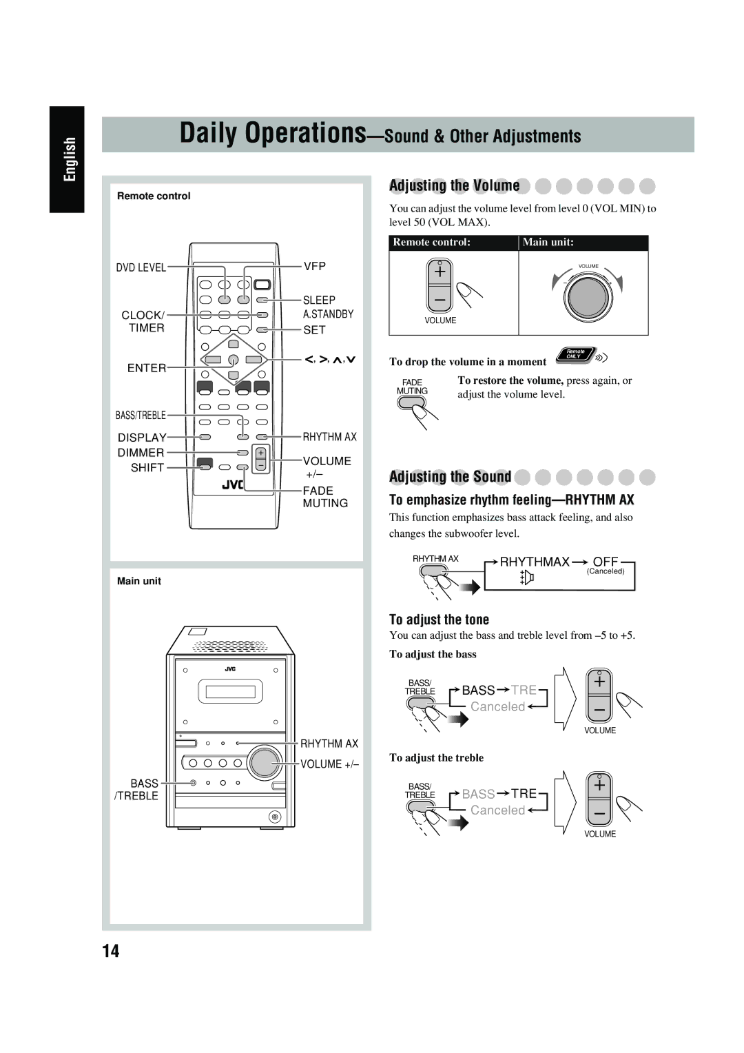 JVC FS-P550 manual Adjusting the Volume, Adjusting the Sound, To emphasize rhythm feeling-RHYTHM AX, To adjust the tone 