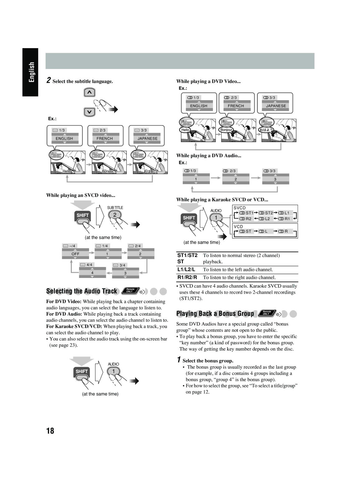 JVC FS-P550 Select the subtitle language, While playing a DVD Video, While playing a DVD Audio While playing an Svcd video 