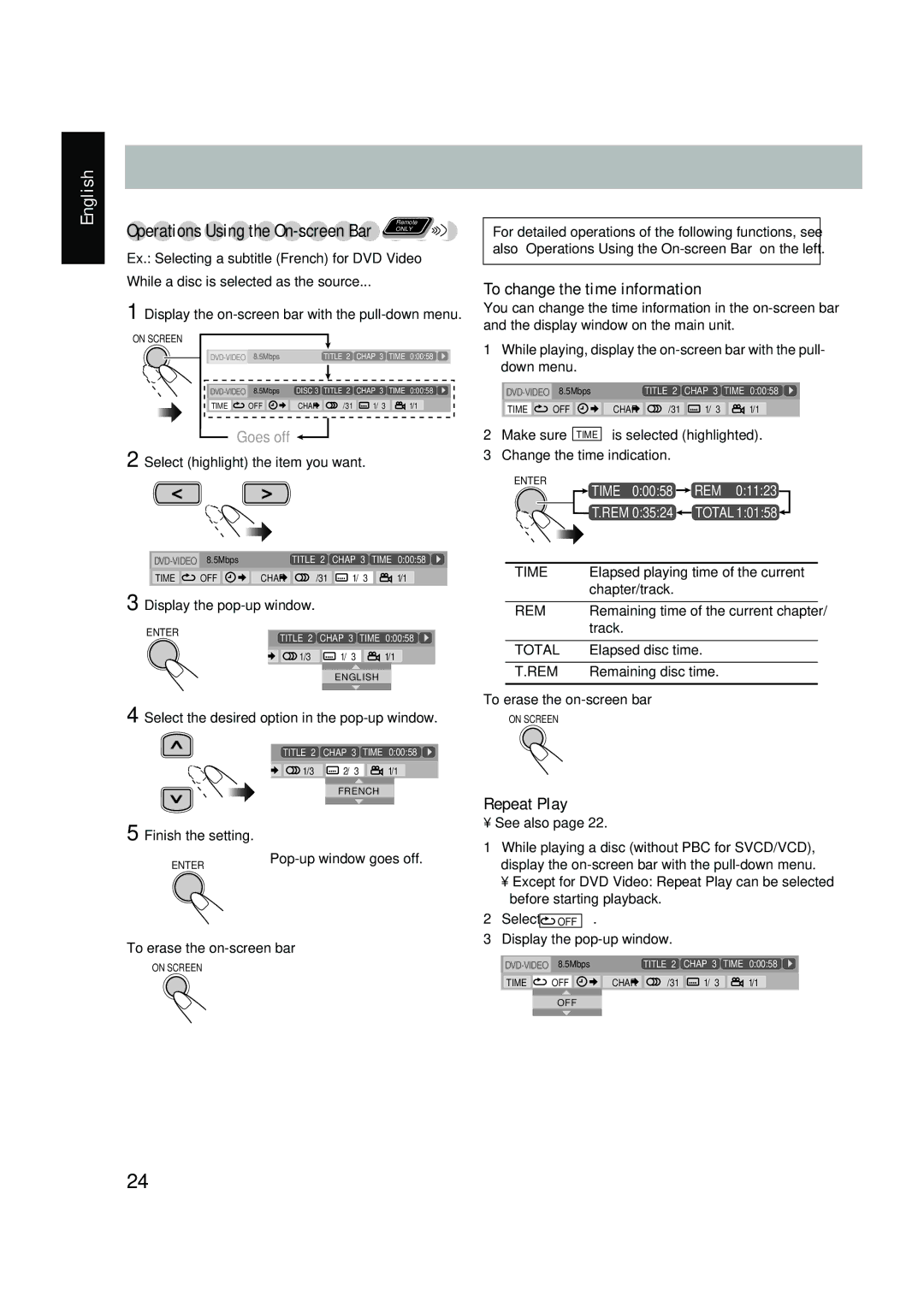 JVC FS-P550 manual To change the time information, Operations Using the On-screen Bar 