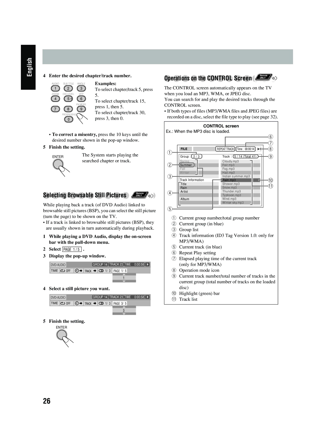 JVC FS-P550 manual Enter the desired chapter/track number, Select a still picture you want 