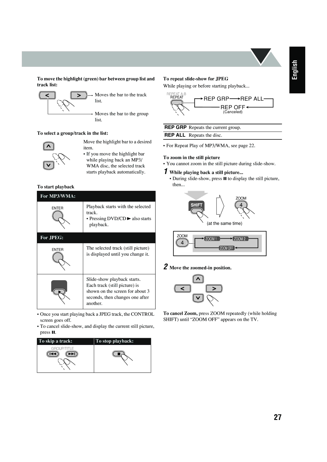 JVC FS-P550 manual To select a group/track in the list, To start playback To repeat slide-show for Jpeg 