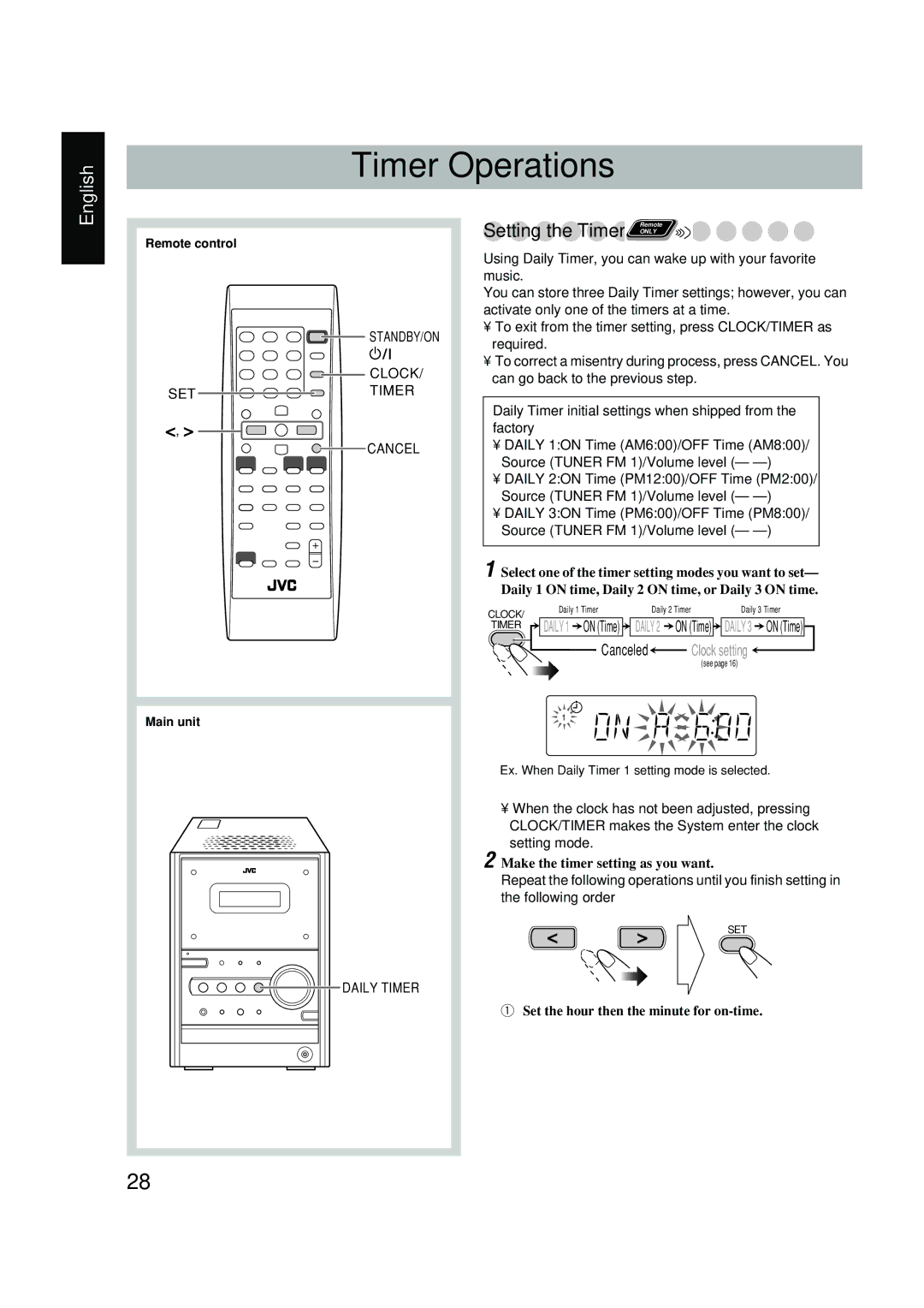 JVC FS-P550 manual Timer Operations, Make the timer setting as you want, Set the hour then the minute for on-time 