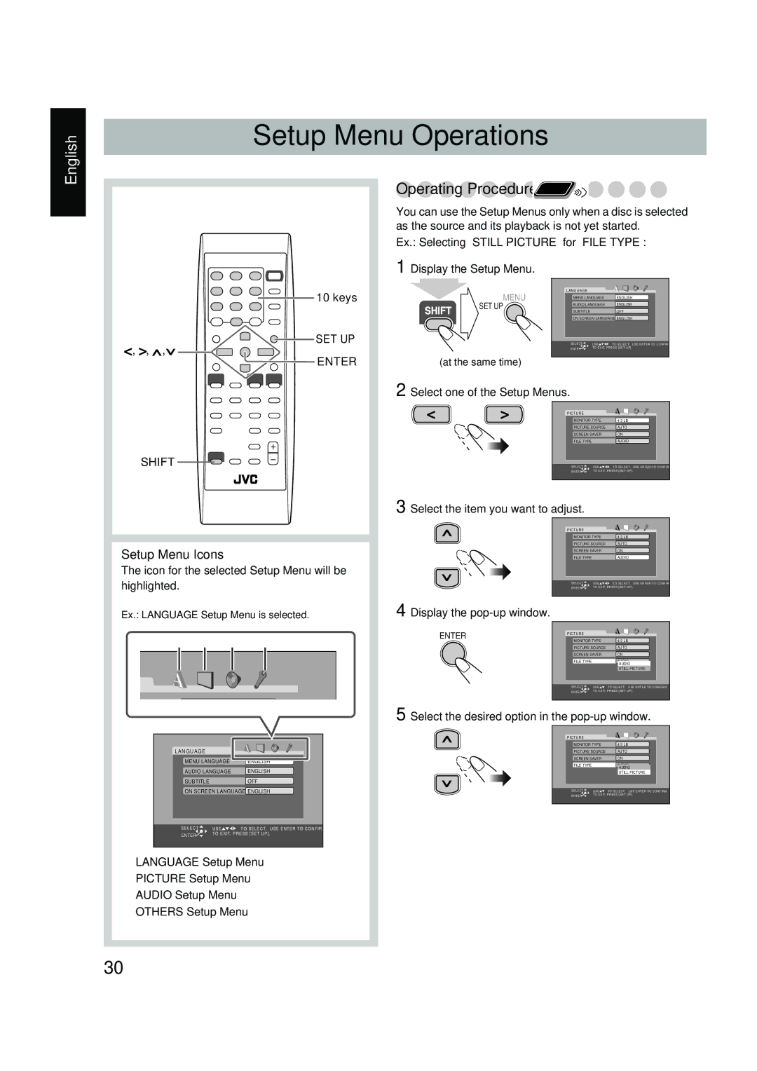 JVC FS-P550 manual Setup Menu Operations, Operating Procedure Remote, Setup Menu Icons 