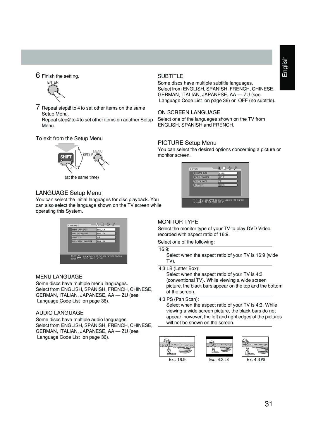 JVC FS-P550 manual Language Setup Menu, Picture Setup Menu, To exit from the Setup Menu 