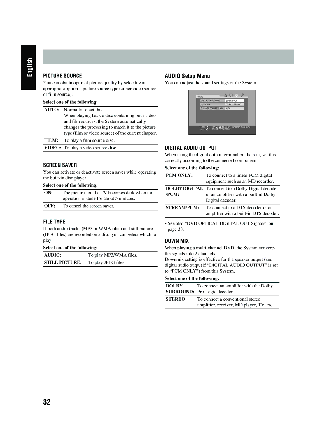 JVC FS-P550 manual Audio Setup Menu, Select one of the following 