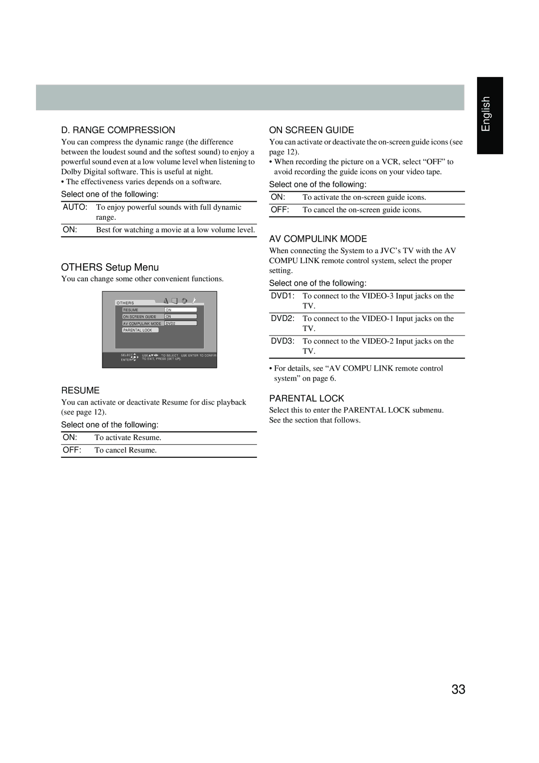 JVC FS-P550 manual Others Setup Menu, Range Compression 