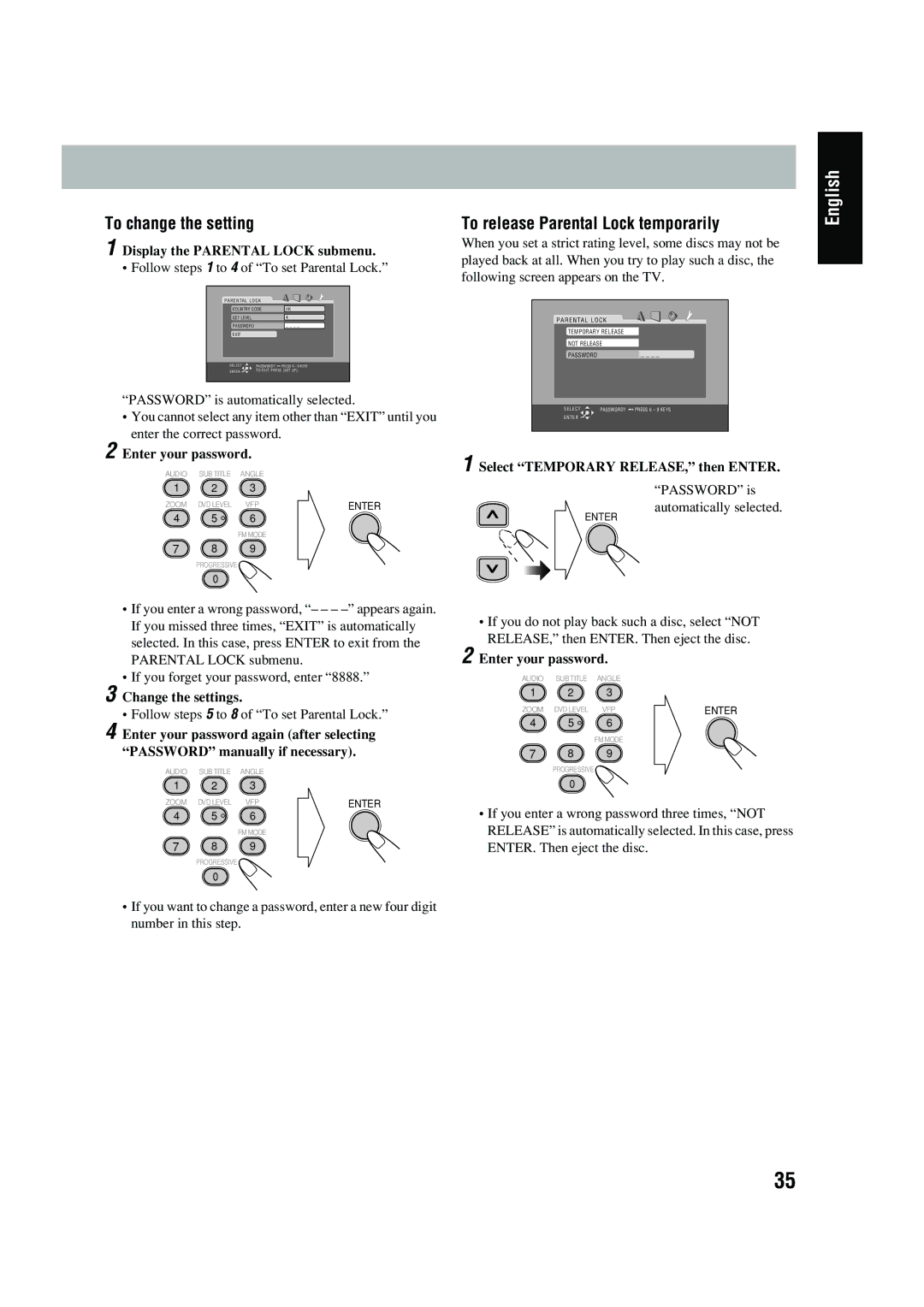 JVC FS-P550 manual To change the setting, To release Parental Lock temporarily 