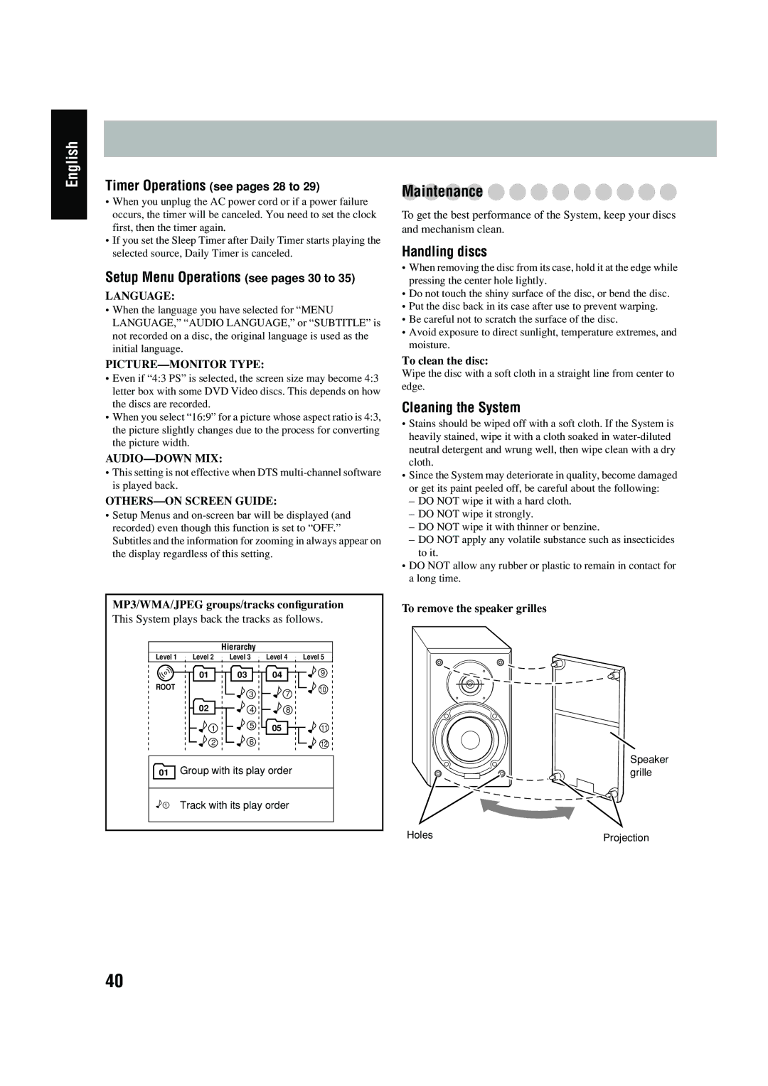 JVC FS-P550 manual Maintenance, Setup Menu Operations see pages 30 to, Handling discs, Cleaning the System 