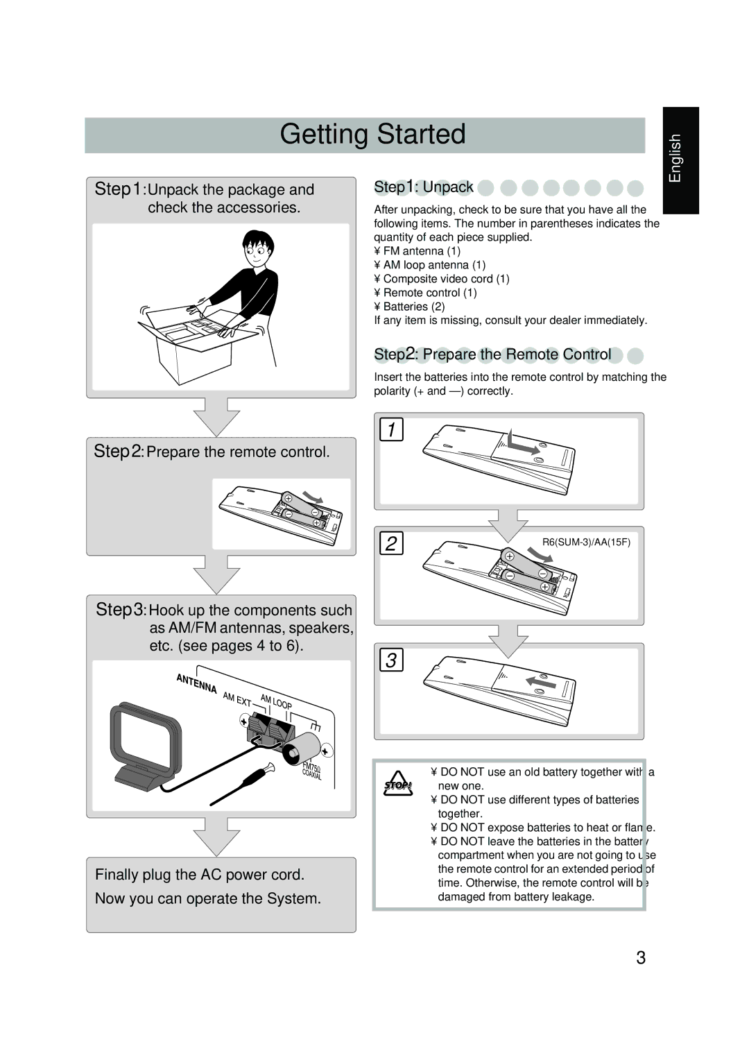 JVC FS-P550 manual Getting Started, Unpack, Prepare the Remote Control 