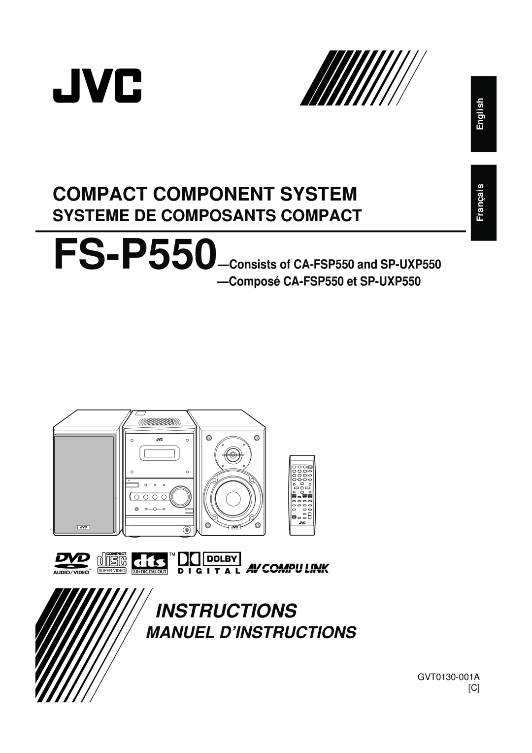 JVC FS-P550 manual English Français, GVT0130-001AC, Compact Component System, Instructions, Systeme De Composants Compact 