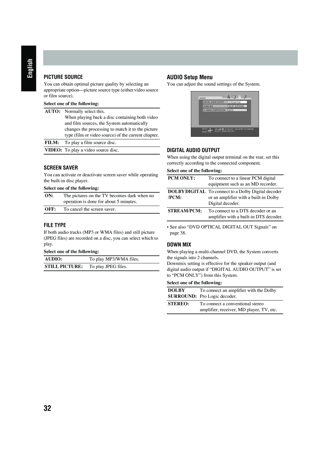 JVC FS-P550 manual AUDIO Setup Menu, Picture Source, Screen Saver, File Type, Digital Audio Output, Down Mix, English 