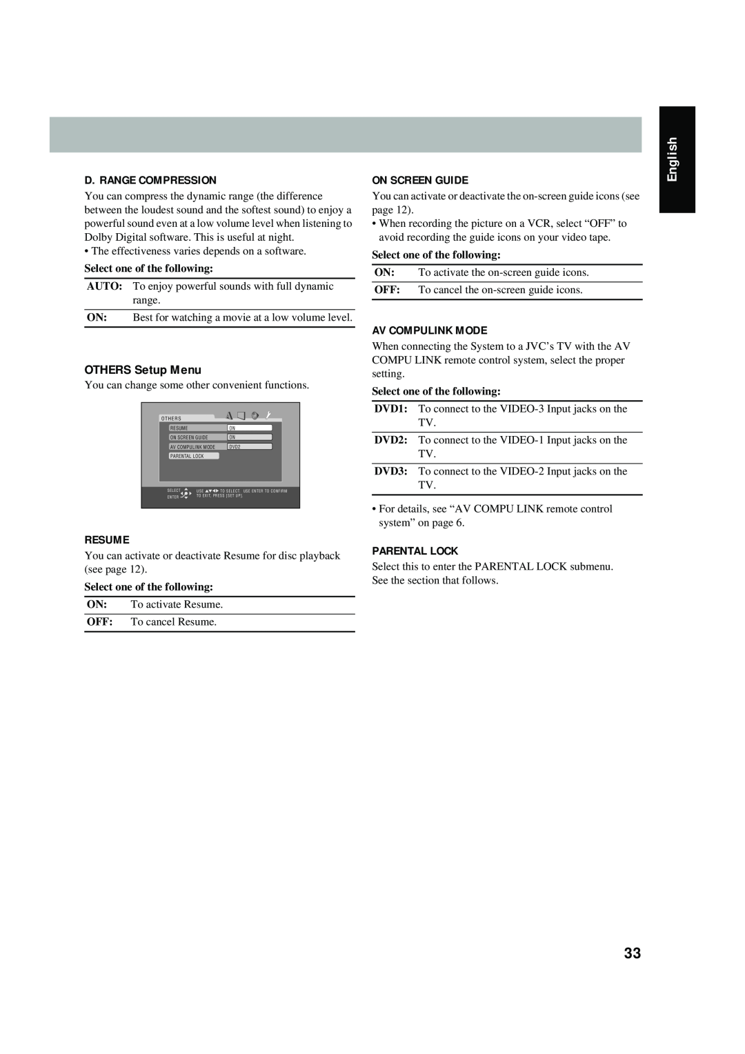 JVC FS-P550 OTHERS Setup Menu, D. Range Compression, Resume, On Screen Guide, Av Compulink Mode, Parental Lock, English 