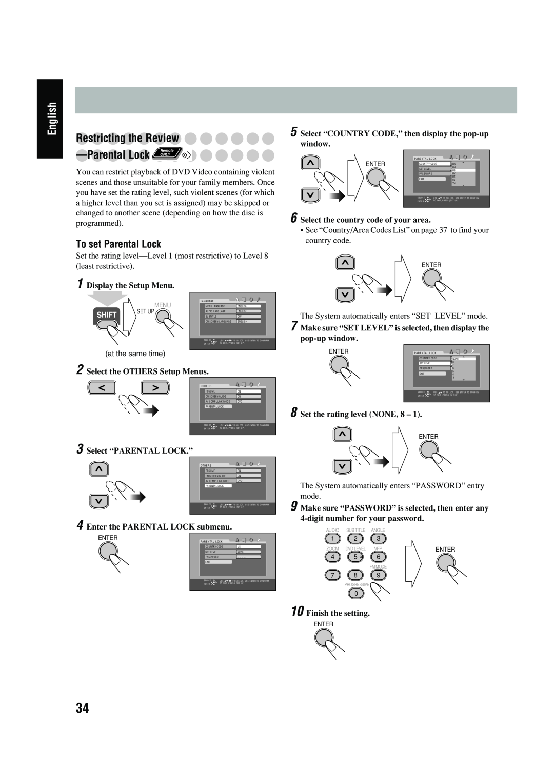 JVC FS-P550 manual Restricting the Review, ParentalLock ONLY, To set Parental Lock, Select the OTHERS Setup Menus, English 