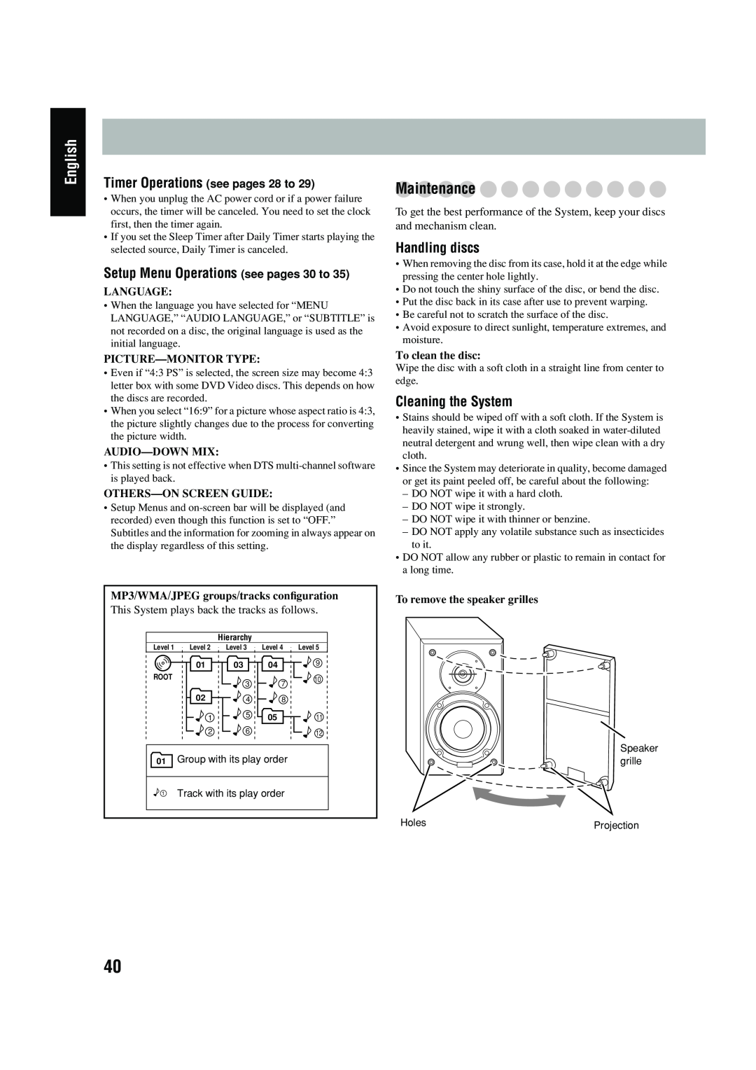 JVC FS-P550 Maintenance, Setup Menu Operations see pages 30 to, Handling discs, Cleaning the System, Language, English 