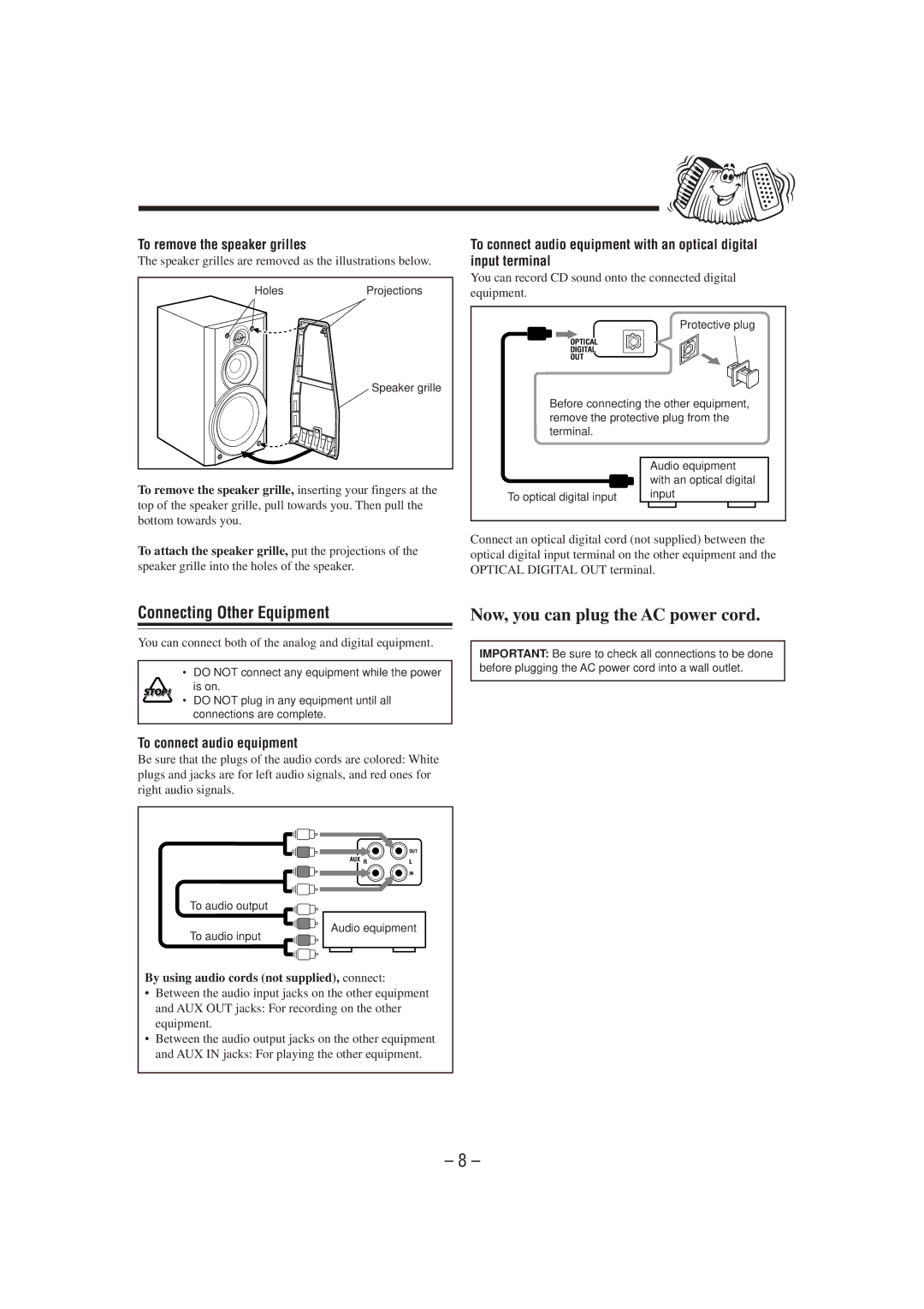 JVC FS-P7 manual Connecting Other Equipment, To remove the speaker grilles, To connect audio equipment 