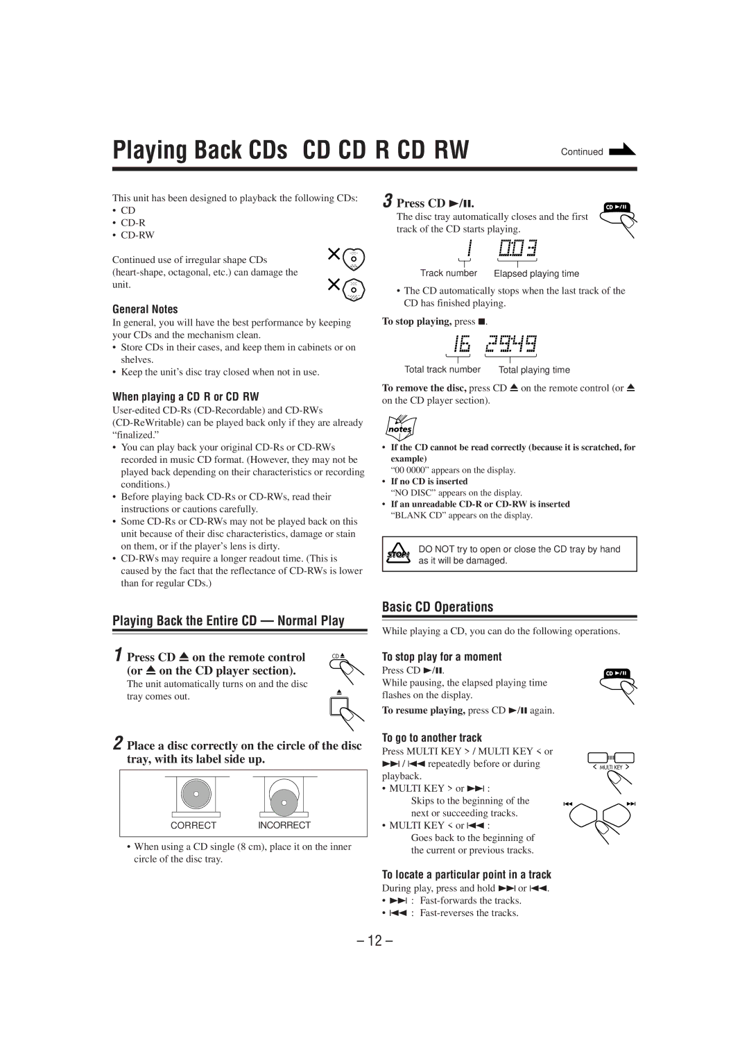 JVC FS-P7 manual Playing Back CDs CD/CD-R/CD-RW, Playing Back the Entire CD Normal Play, Basic CD Operations, Press CD 3/8 