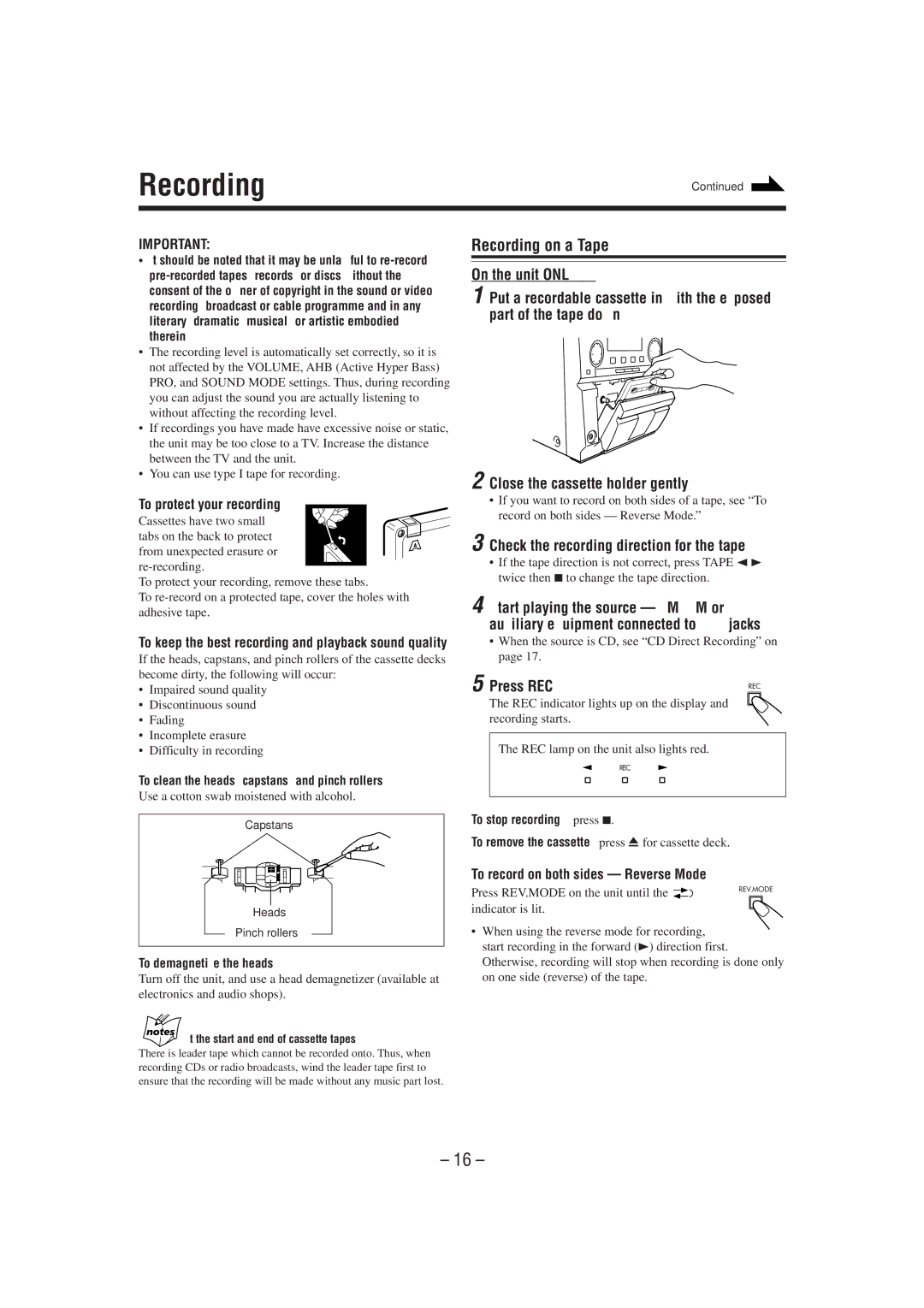 JVC FS-P7 manual Recording on a Tape, Check the recording direction for the tape, Press REC 