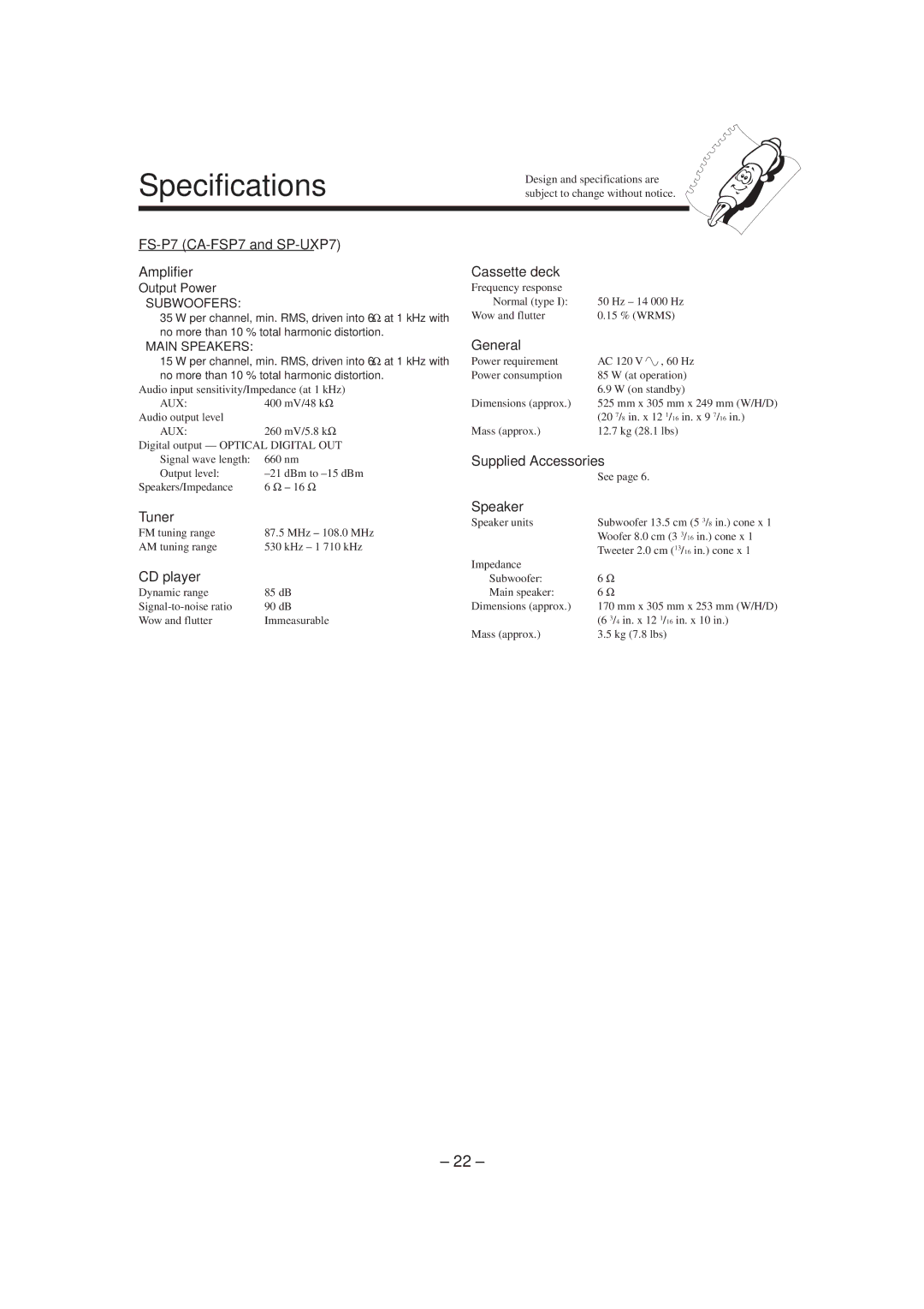 JVC FS-P7 manual Specifications 