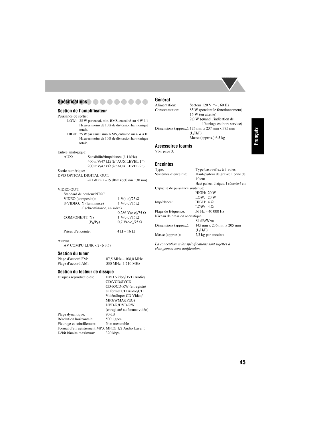 JVC FS-S77B/FS-S77S manual Spécifications 