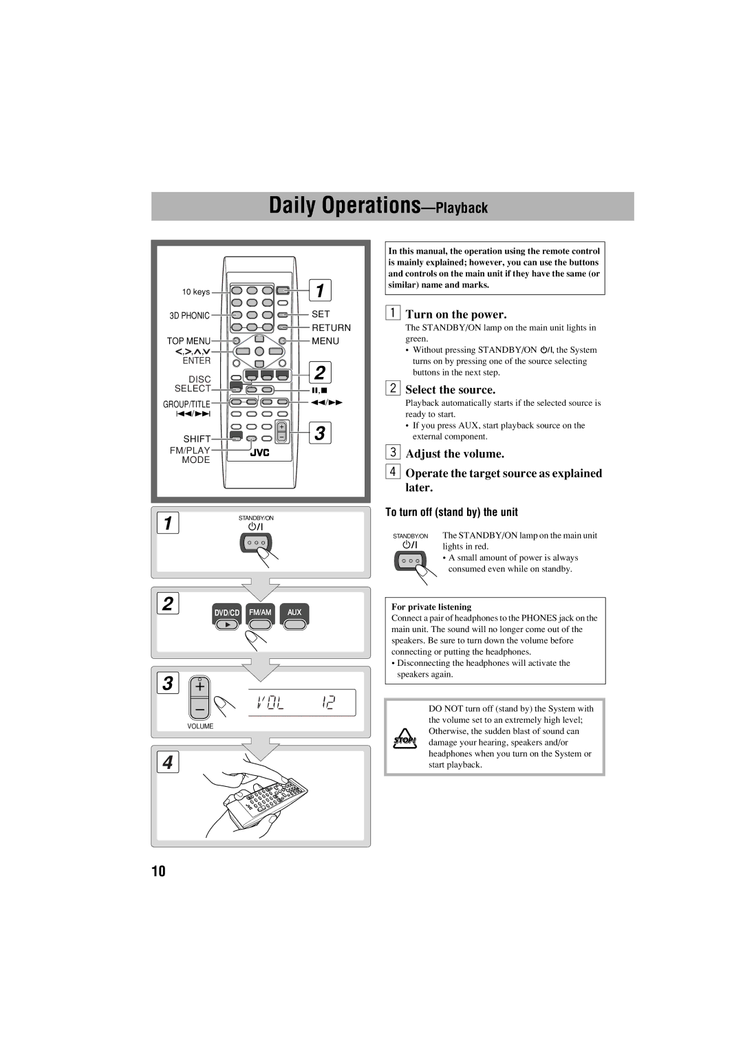 JVC FS-S77B/FS-S77S manual Daily Operations-Playback, To turn off stand by the unit, For private listening 