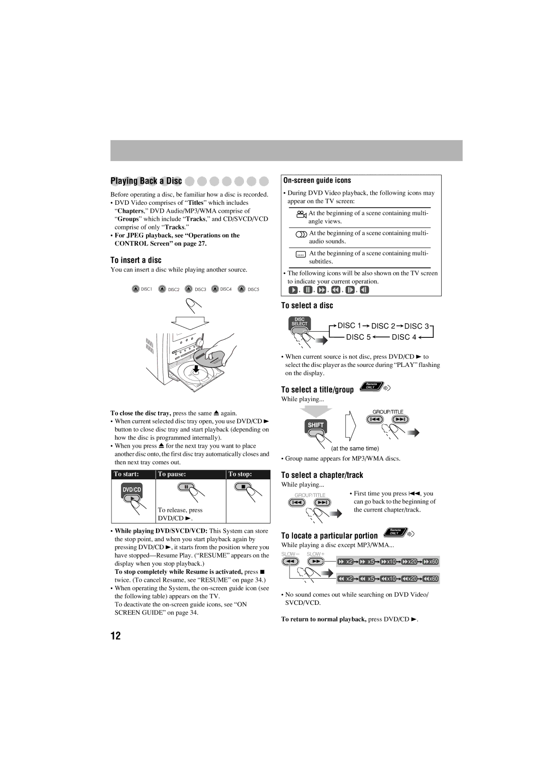 JVC FS-S77B/FS-S77S manual Playing Back a Disc, To insert a disc, To select a disc, To select a chapter/track 