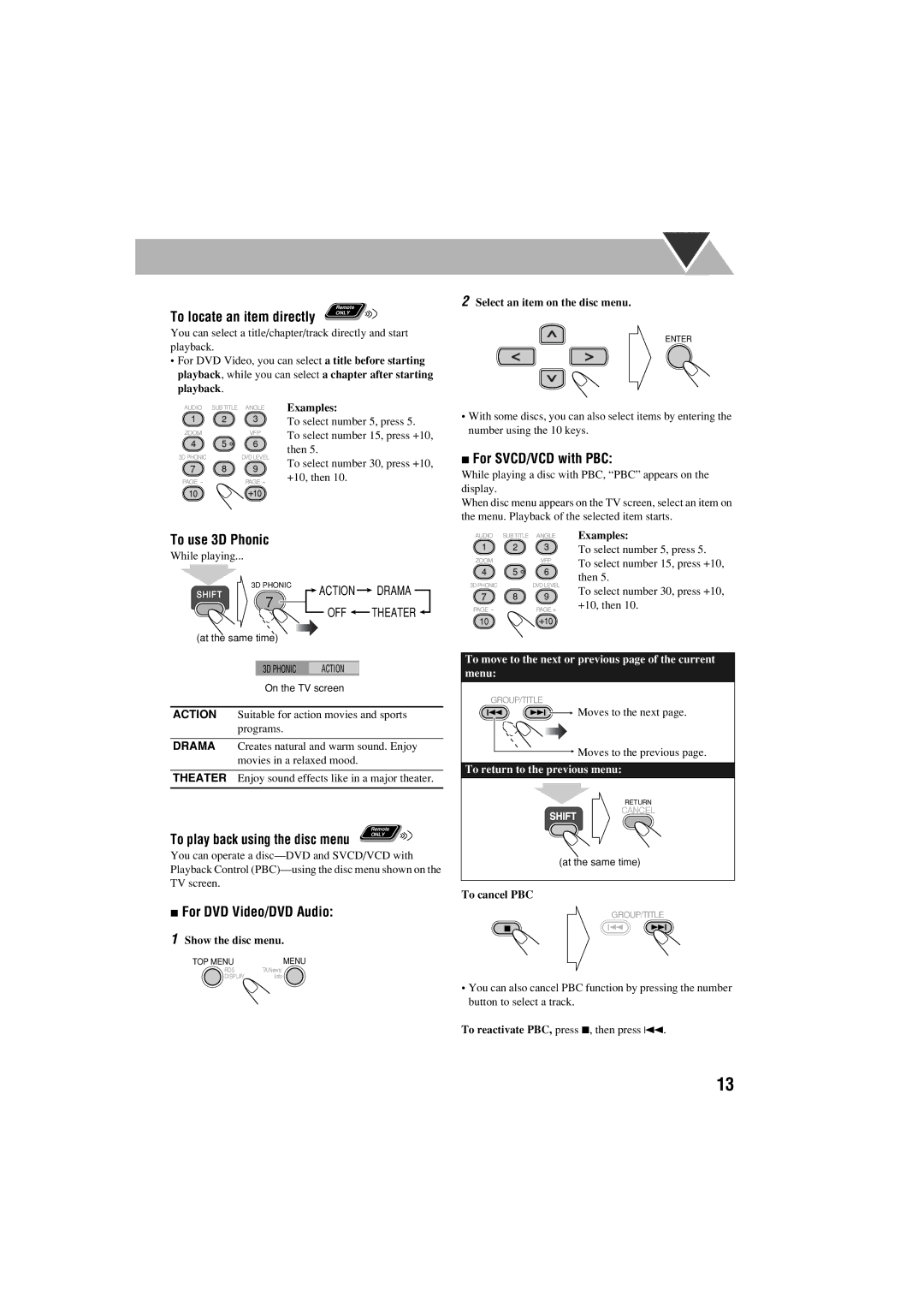 JVC FS-S77B/FS-S77S manual For SVCD/VCD with PBC, To use 3D Phonic, For DVD Video/DVD Audio 