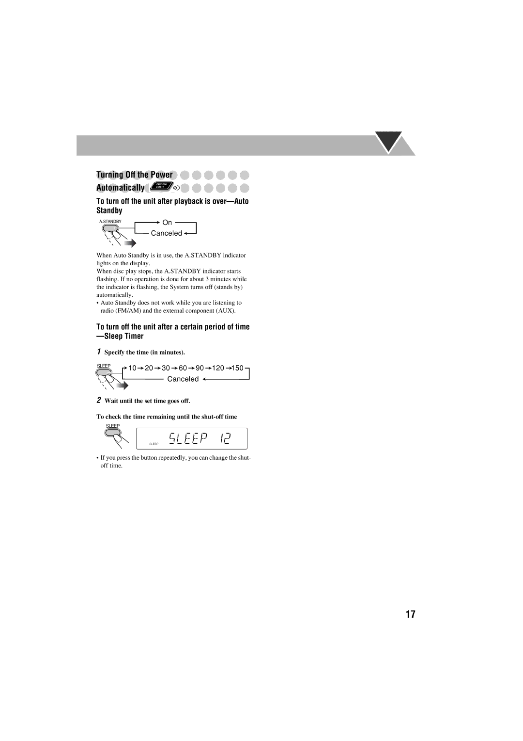 JVC FS-S77B/FS-S77S Turning Off the Power, Automatically only, To turn off the unit after playback is over-Auto Standby 