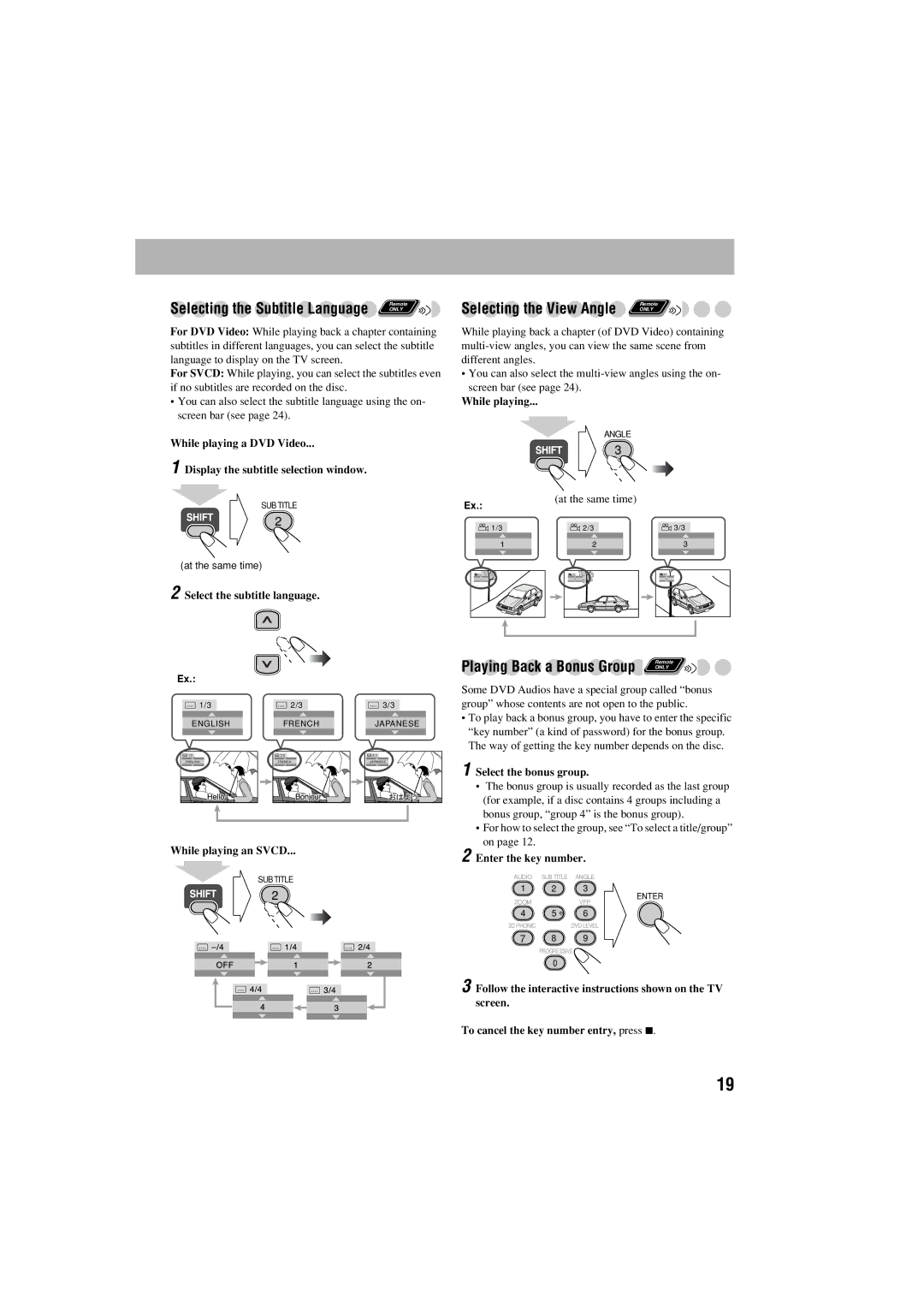 JVC FS-S77B/FS-S77S Select the subtitle language, Select the bonus group, While playing an Svcd, Enter the key number 