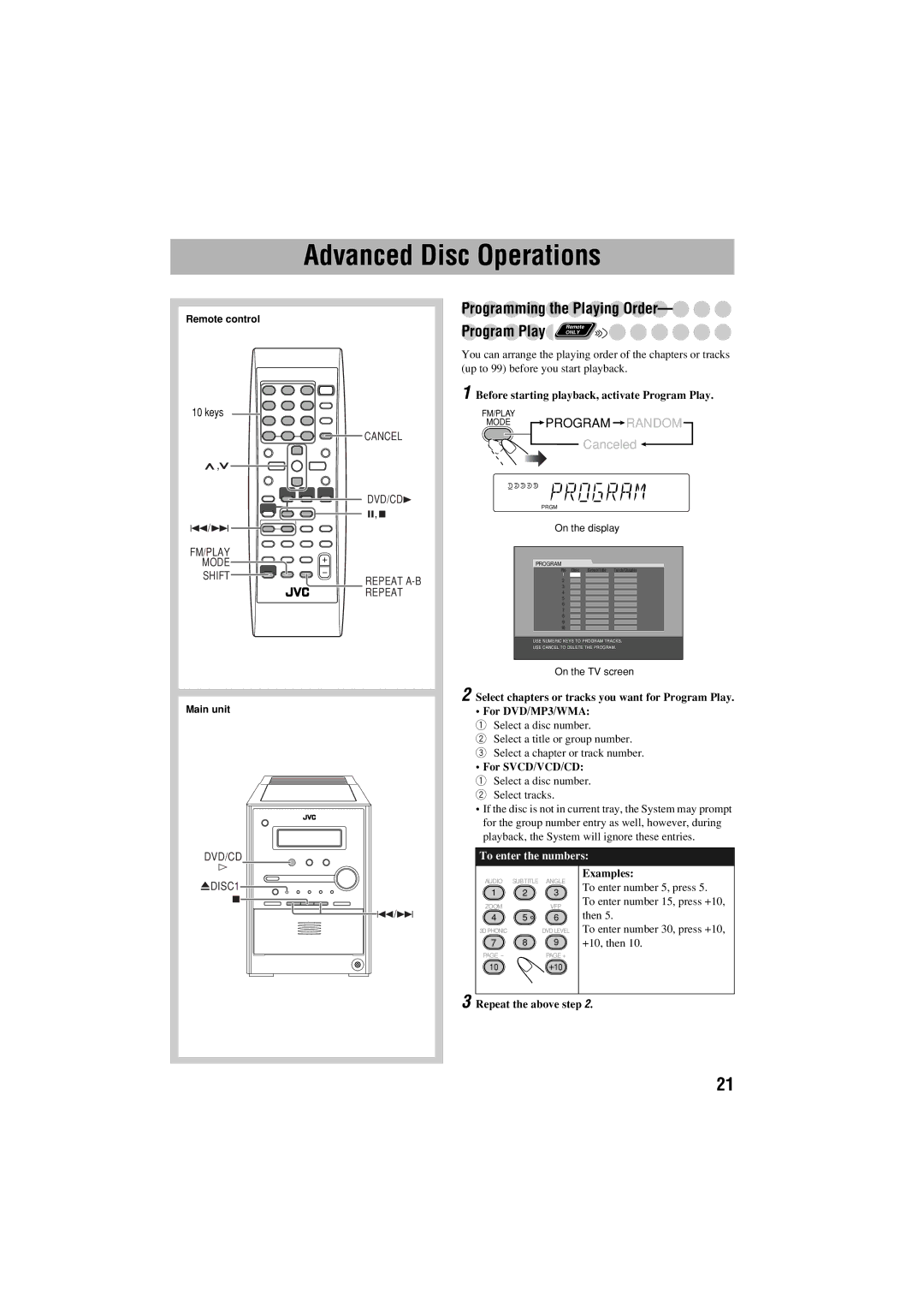 JVC FS-S77B/FS-S77S manual Advanced Disc Operations, Programming the Playing Order, For SVCD/VCD/CD, Repeat the above step 