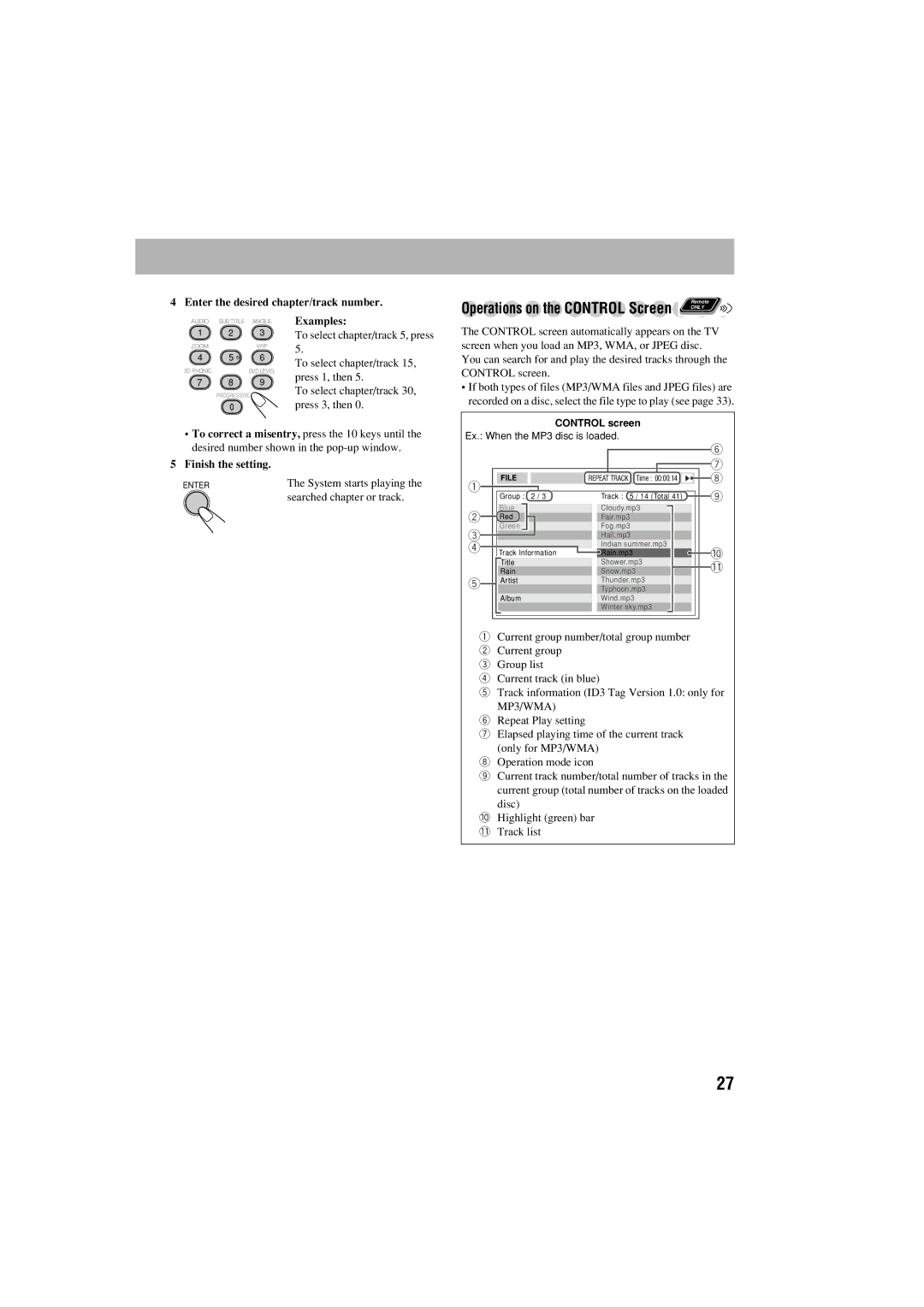 JVC FS-S77B/FS-S77S manual Operations on the Control Screen, Enter the desired chapter/track number 