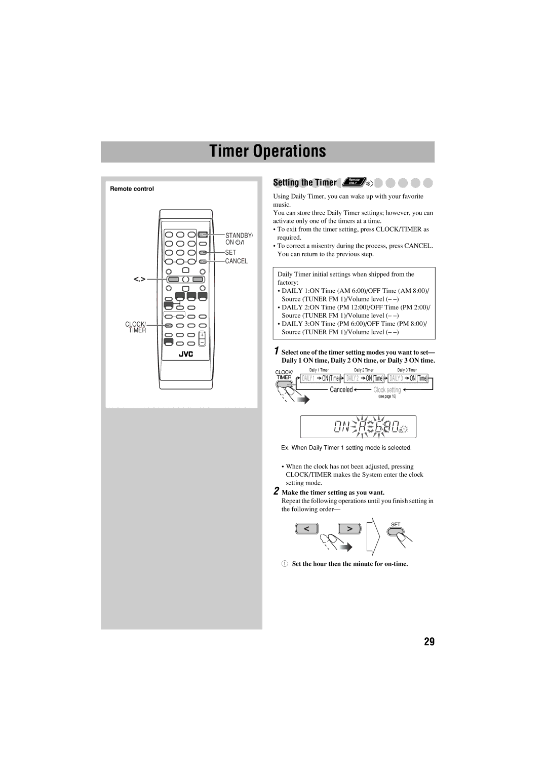 JVC FS-S77B/FS-S77S manual Timer Operations, Make the timer setting as you want, Set the hour then the minute for on-time 