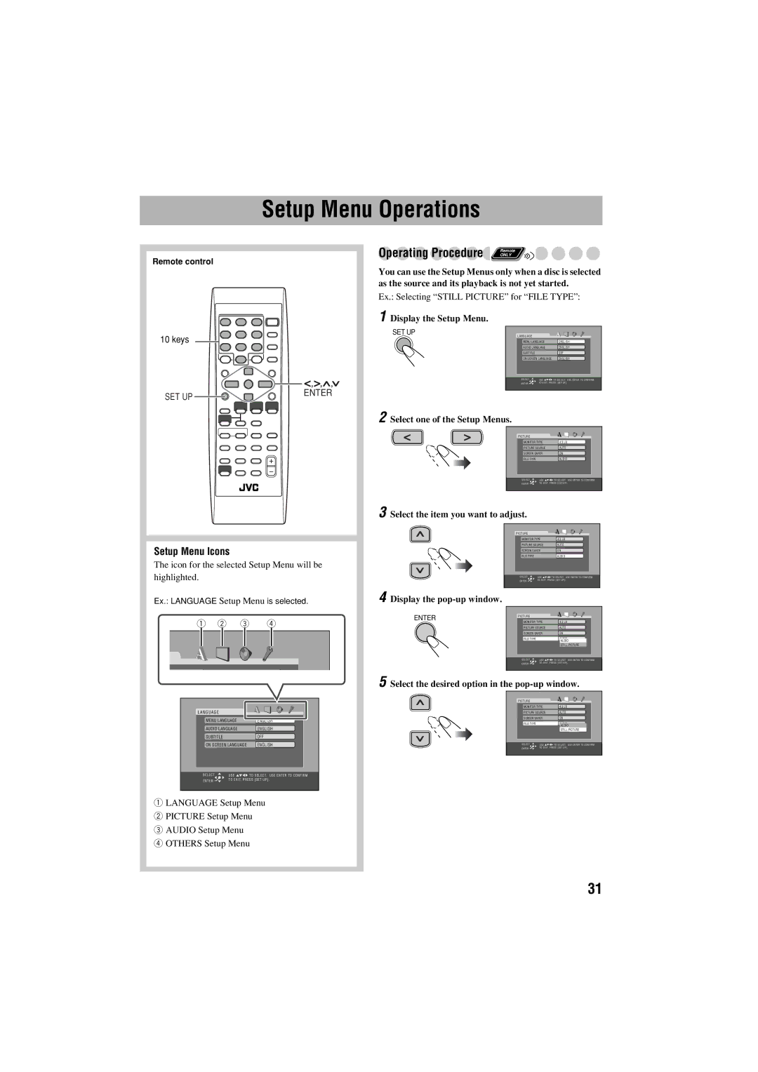 JVC FS-S77B/FS-S77S manual Setup Menu Operations, Display the Setup Menu, Select one of the Setup Menus 