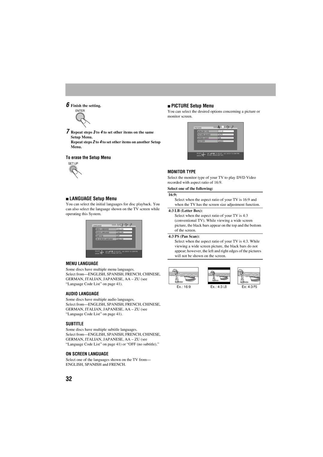 JVC FS-S77B/FS-S77S Language Setup Menu, Picture Setup Menu, Select one of the following 169, LB Letter Box, PS Pan Scan 