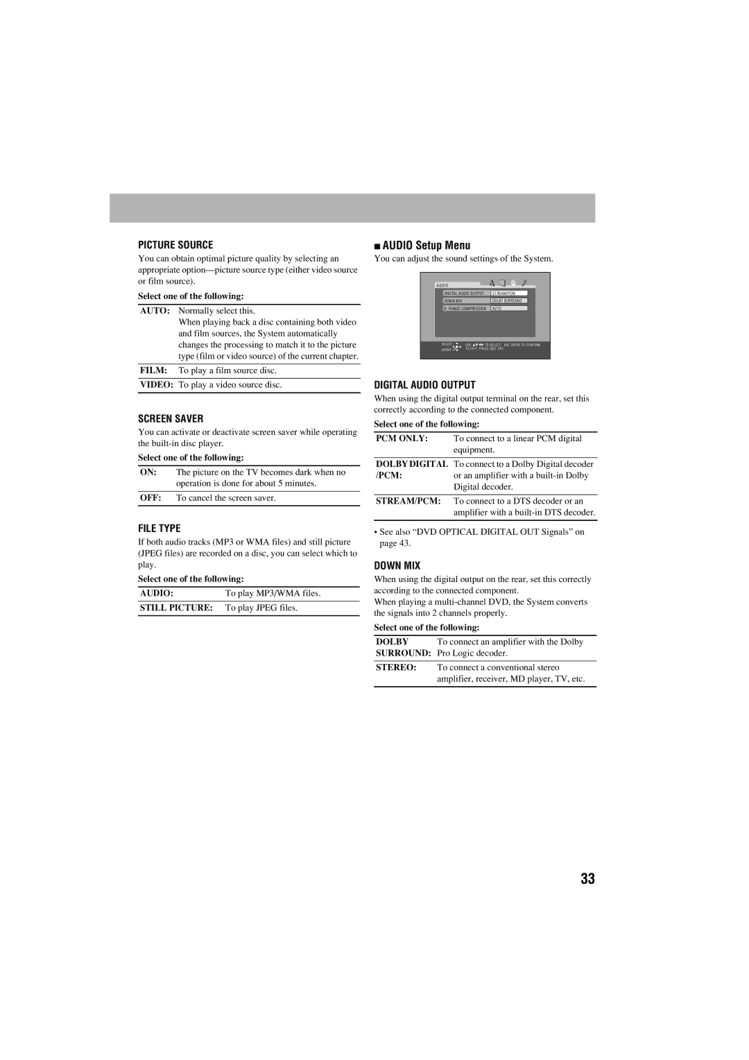 JVC FS-S77B/FS-S77S manual Audio Setup Menu, Select one of the following 