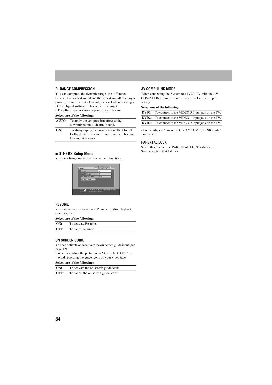 JVC FS-S77B/FS-S77S manual Others Setup Menu, Range Compression 