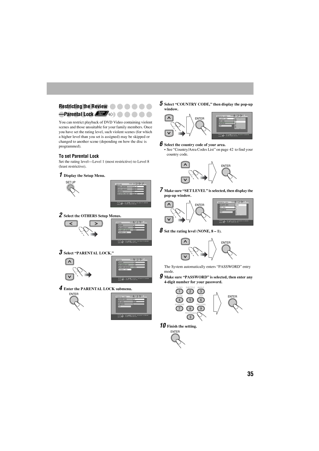 JVC FS-S77B/FS-S77S manual Restricting the Review, Parental Lock only, To set Parental Lock 