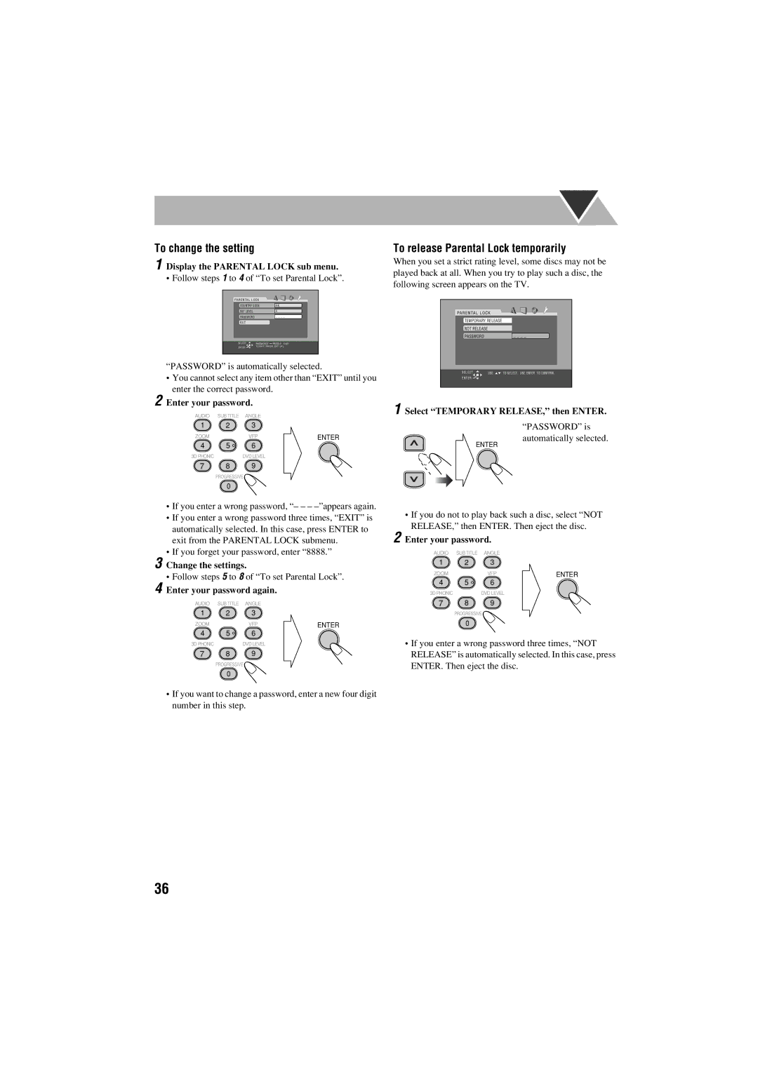 JVC FS-S77B/FS-S77S manual To change the setting, To release Parental Lock temporarily 