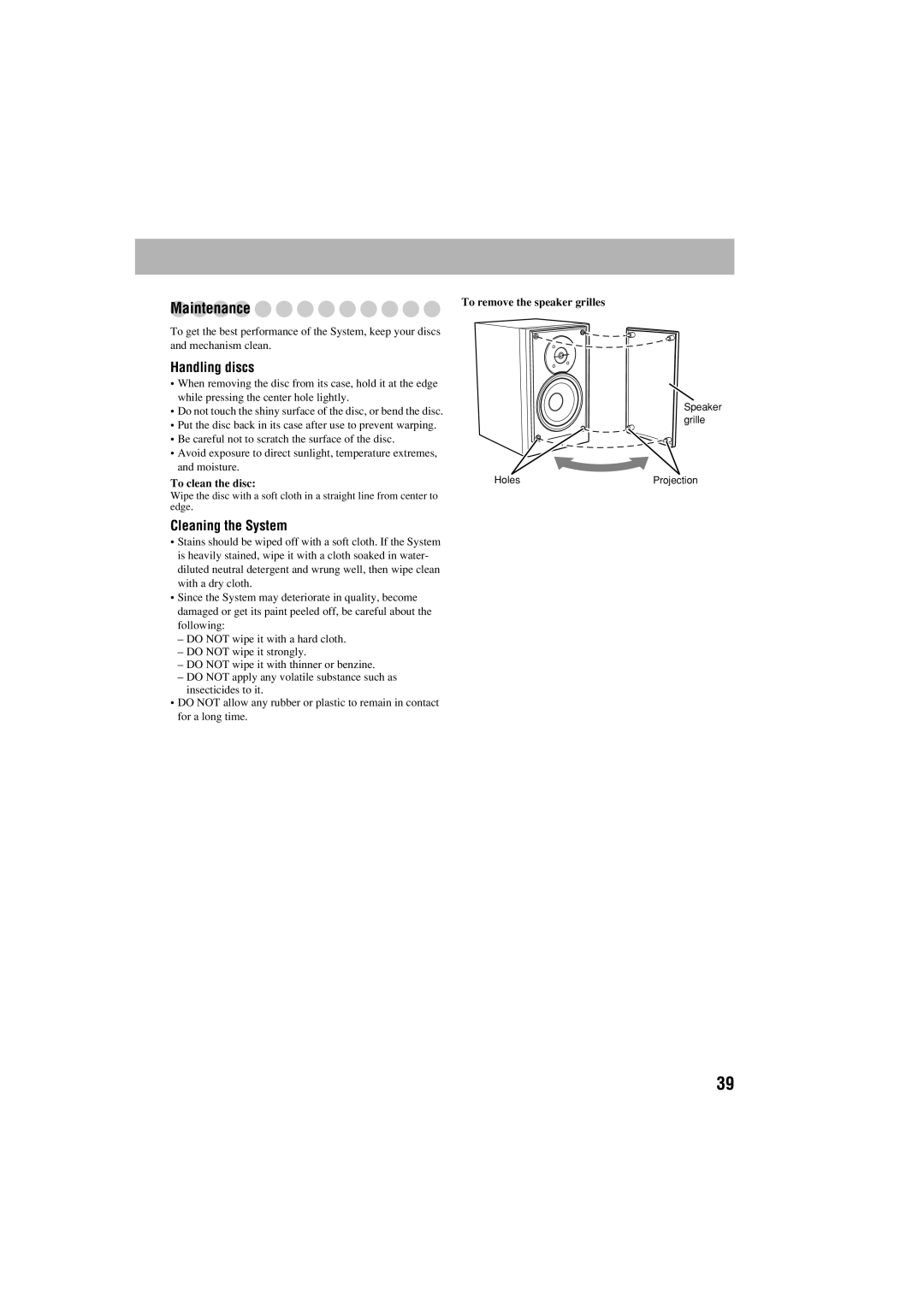 JVC FS-S77B/FS-S77S Maintenance, Handling discs, Cleaning the System, To clean the disc, To remove the speaker grilles 