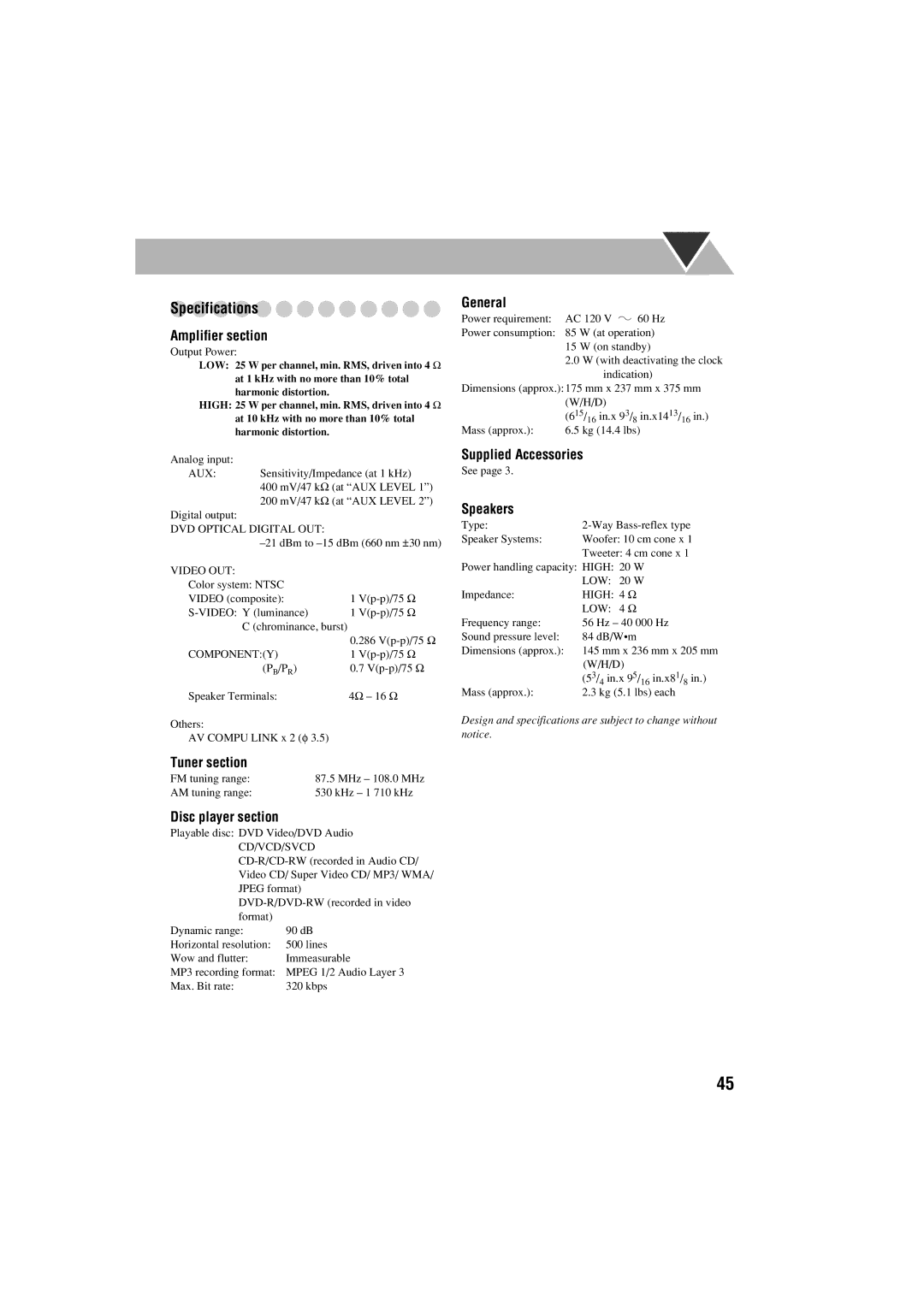 JVC FS-S77B/FS-S77S manual Specifications 