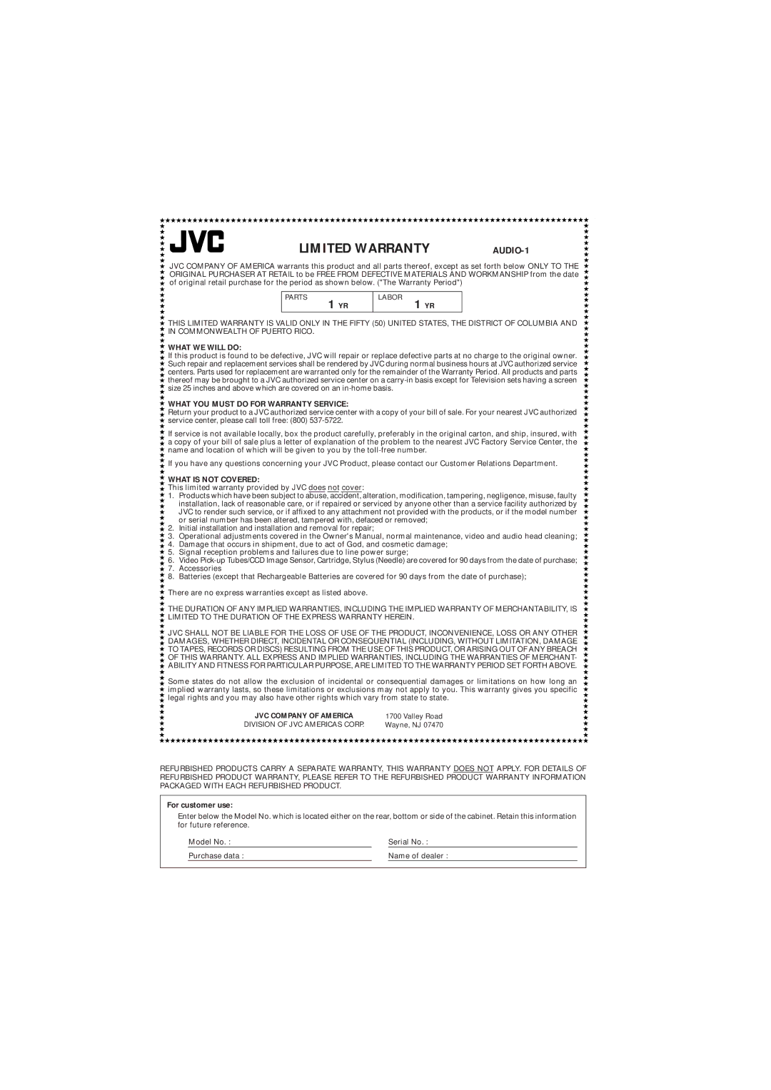 JVC FS-S77B/FS-S77S manual Limited Warranty 