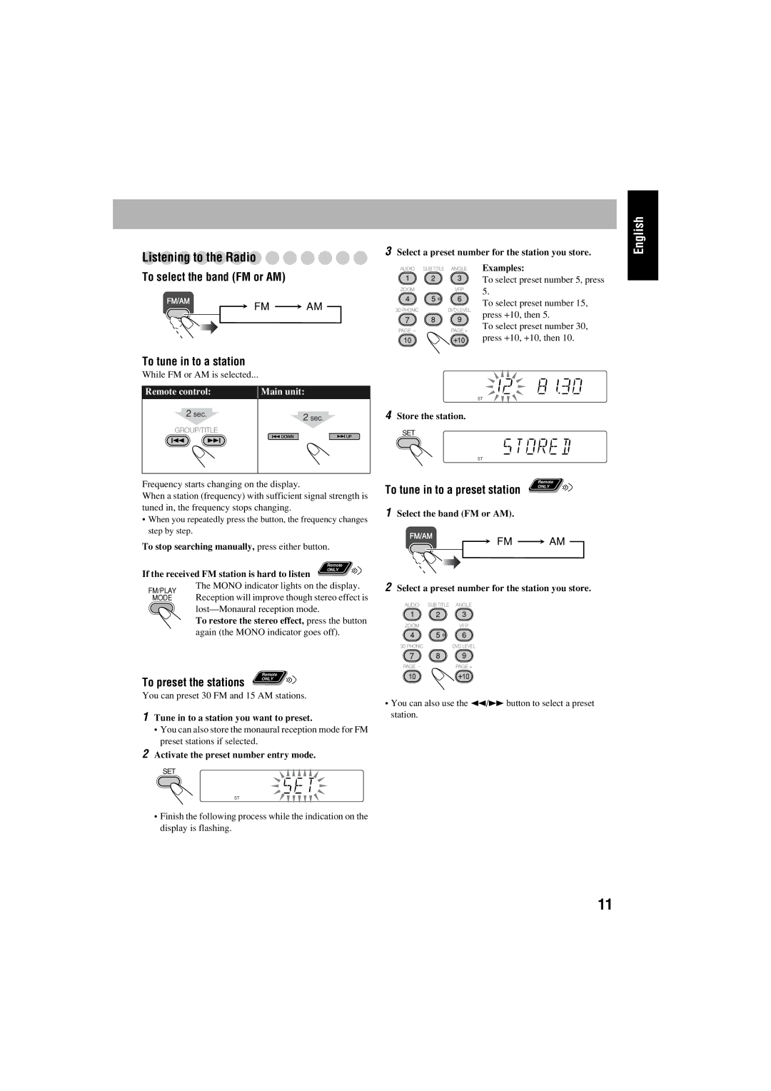 JVC FS-S77B/FS-S77S Listening to the Radio, To stop searching manually, press either button 