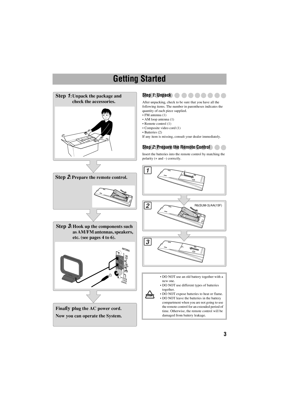 JVC FS-S77B/FS-S77S manual Getting Started, Unpack, Prepare the Remote Control 