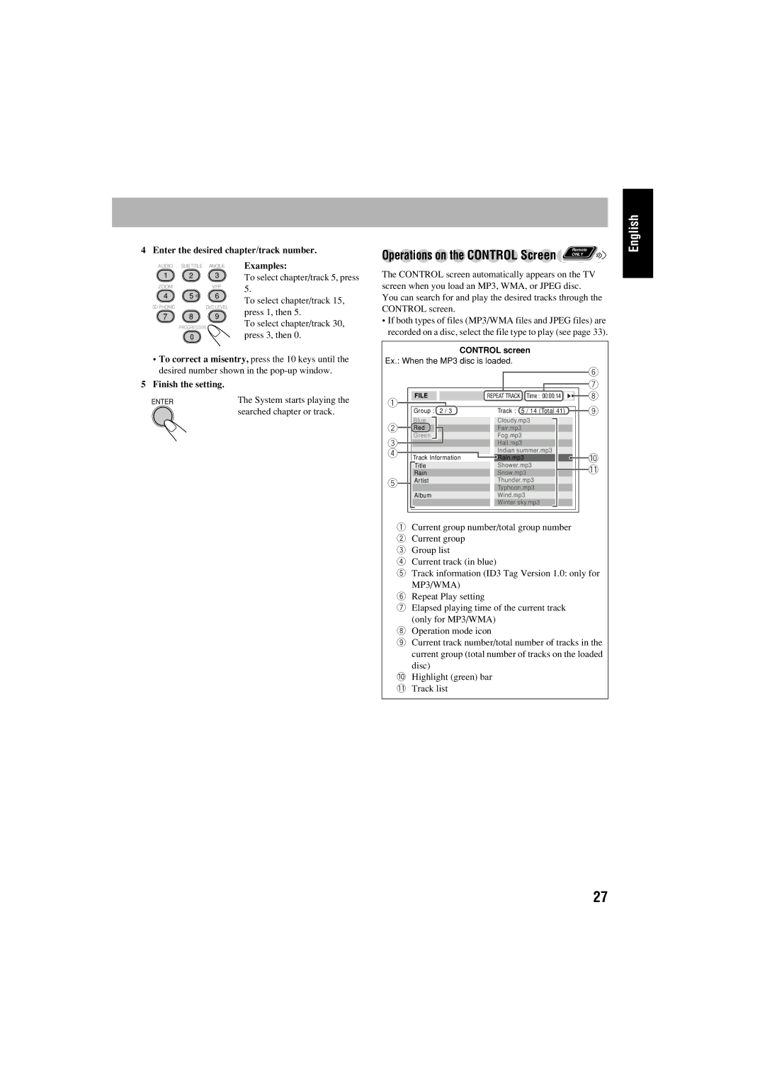 JVC FS-S77B/FS-S77S manual Operations on the Control Screen 