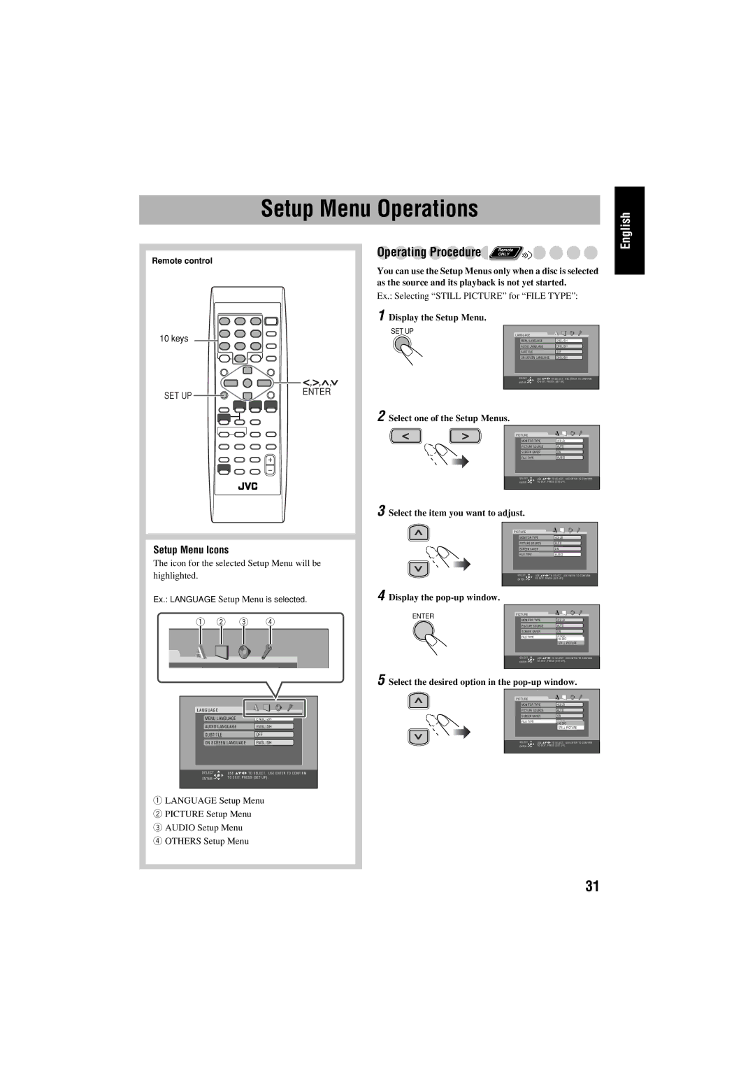 JVC FS-S77B/FS-S77S manual Setup Menu Operations 