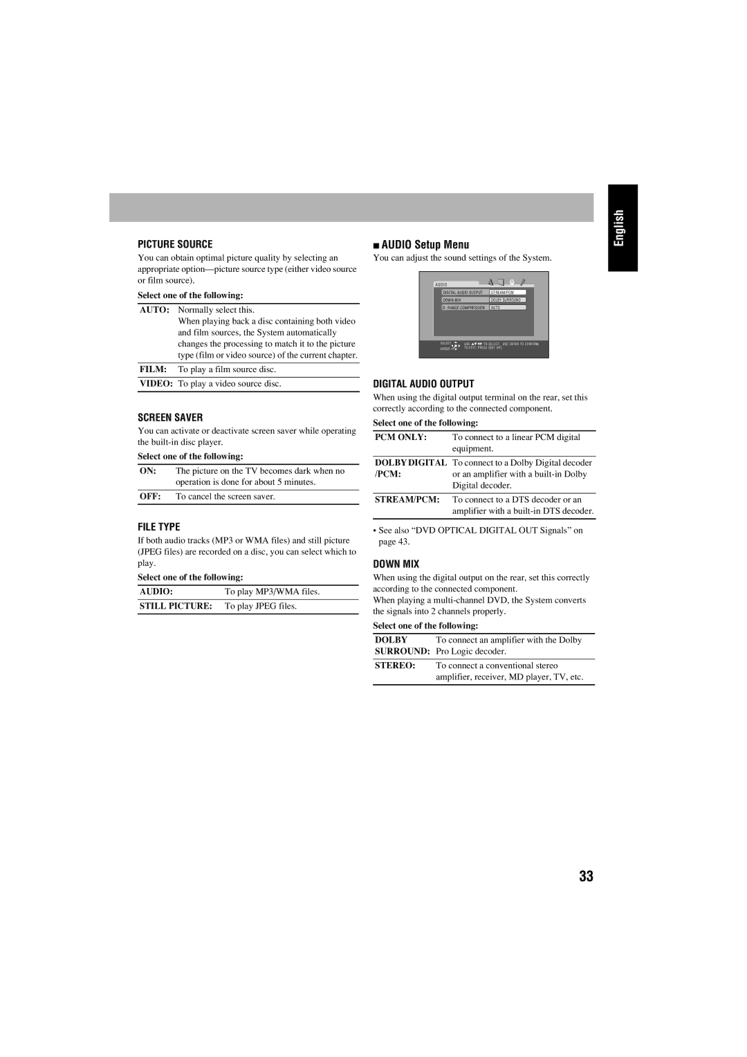 JVC FS-S77B/FS-S77S manual Audio Setup Menu 