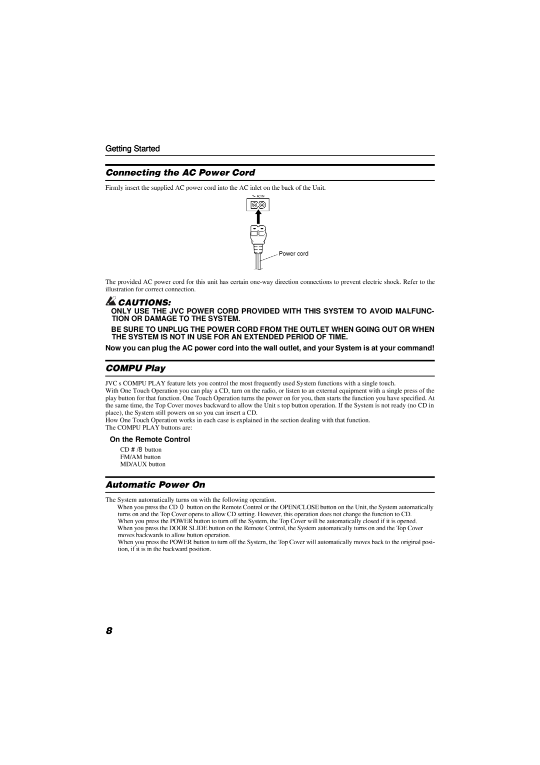 JVC FS-SD990, FS-SD550 manual Connecting the AC Power Cord, Compu Play, Automatic Power On, On the Remote Control 