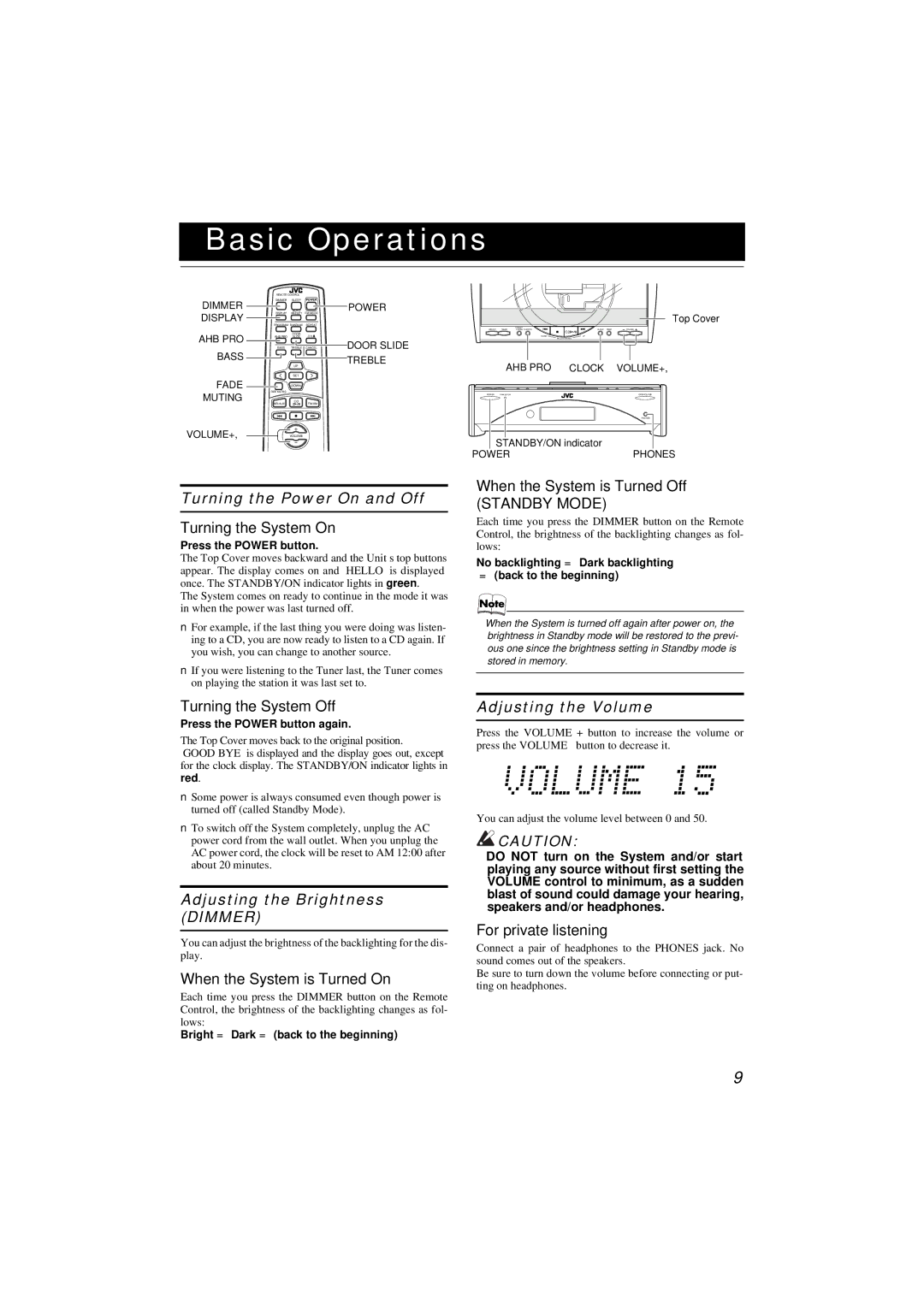 JVC FS-SD550 manual Basic Operations, Turning the Power On and Off, Adjusting the Brightness Dimmer, Adjusting the Volume 