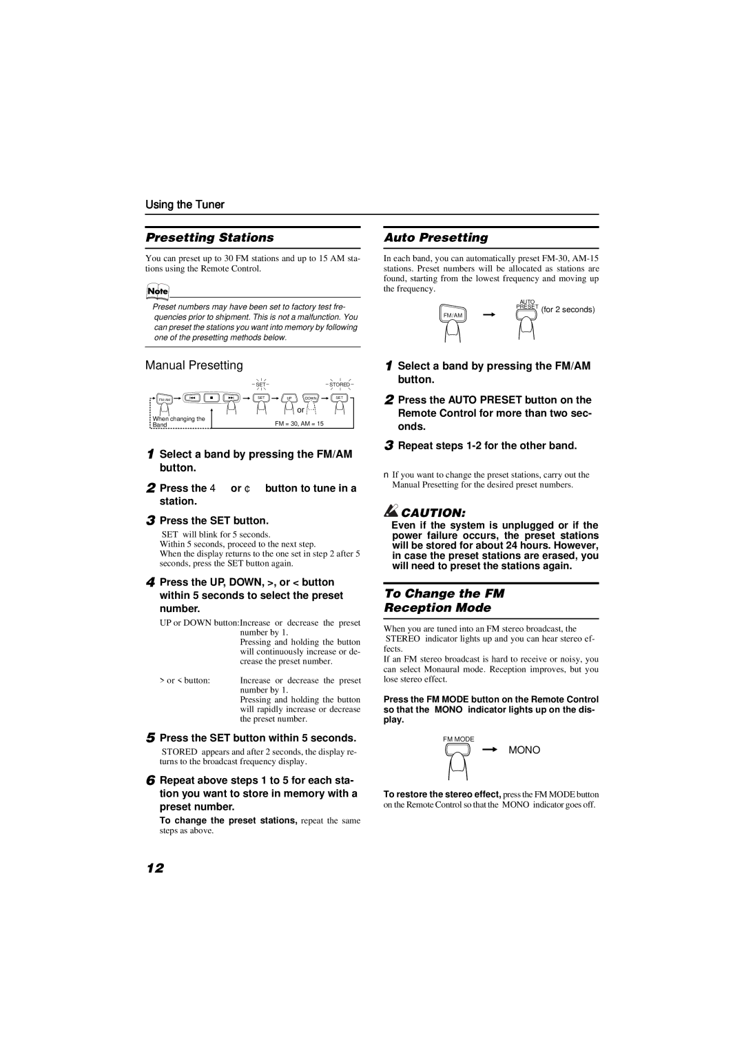 JVC FS-SD990, FS-SD550 manual Presetting Stations, Auto Presetting, Manual Presetting, To Change the FM Reception Mode 