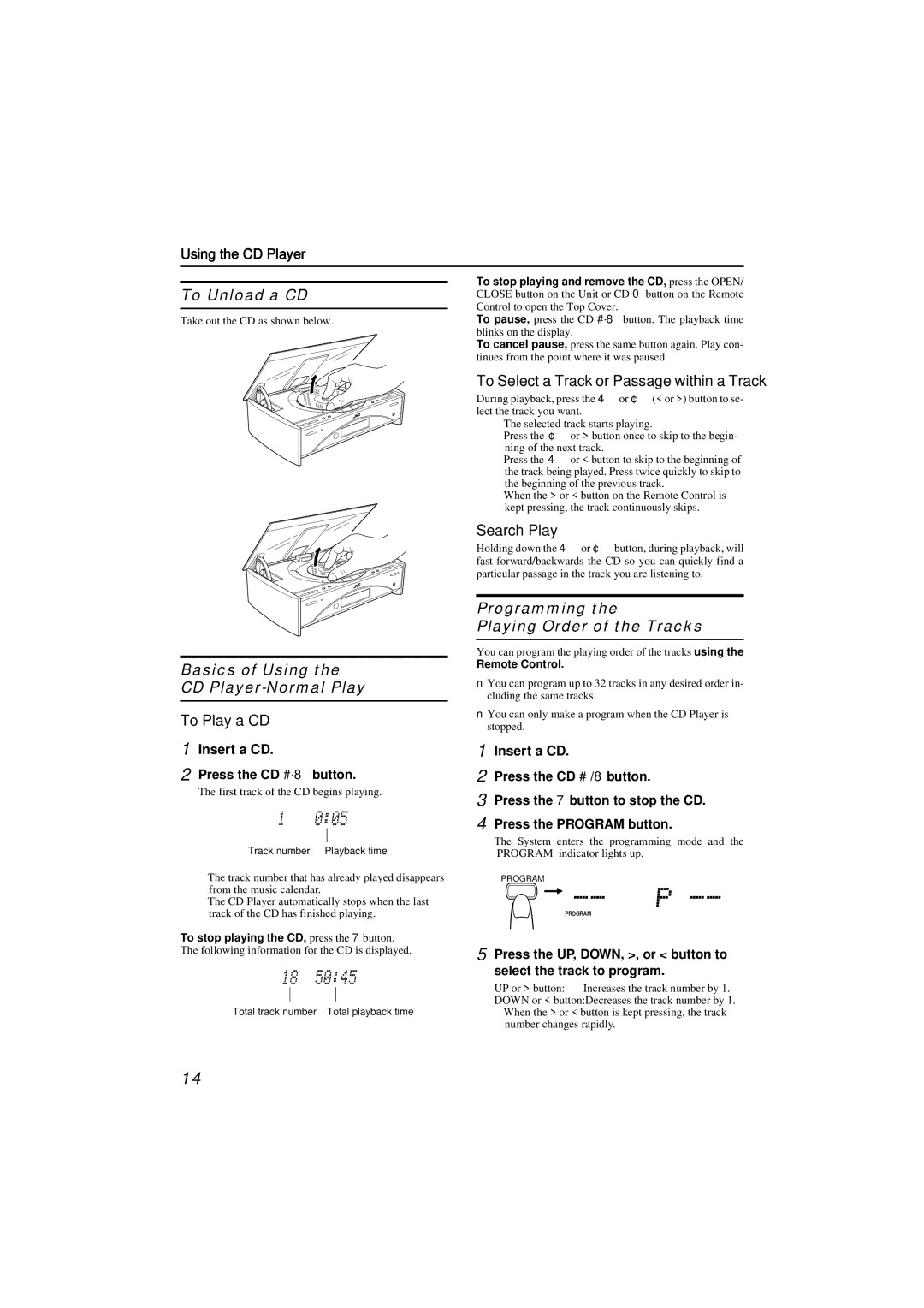 JVC FS-SD990, FS-SD550 manual To Unload a CD, Basics of Using CD Player-Normal Play, To Play a CD, Search Play 